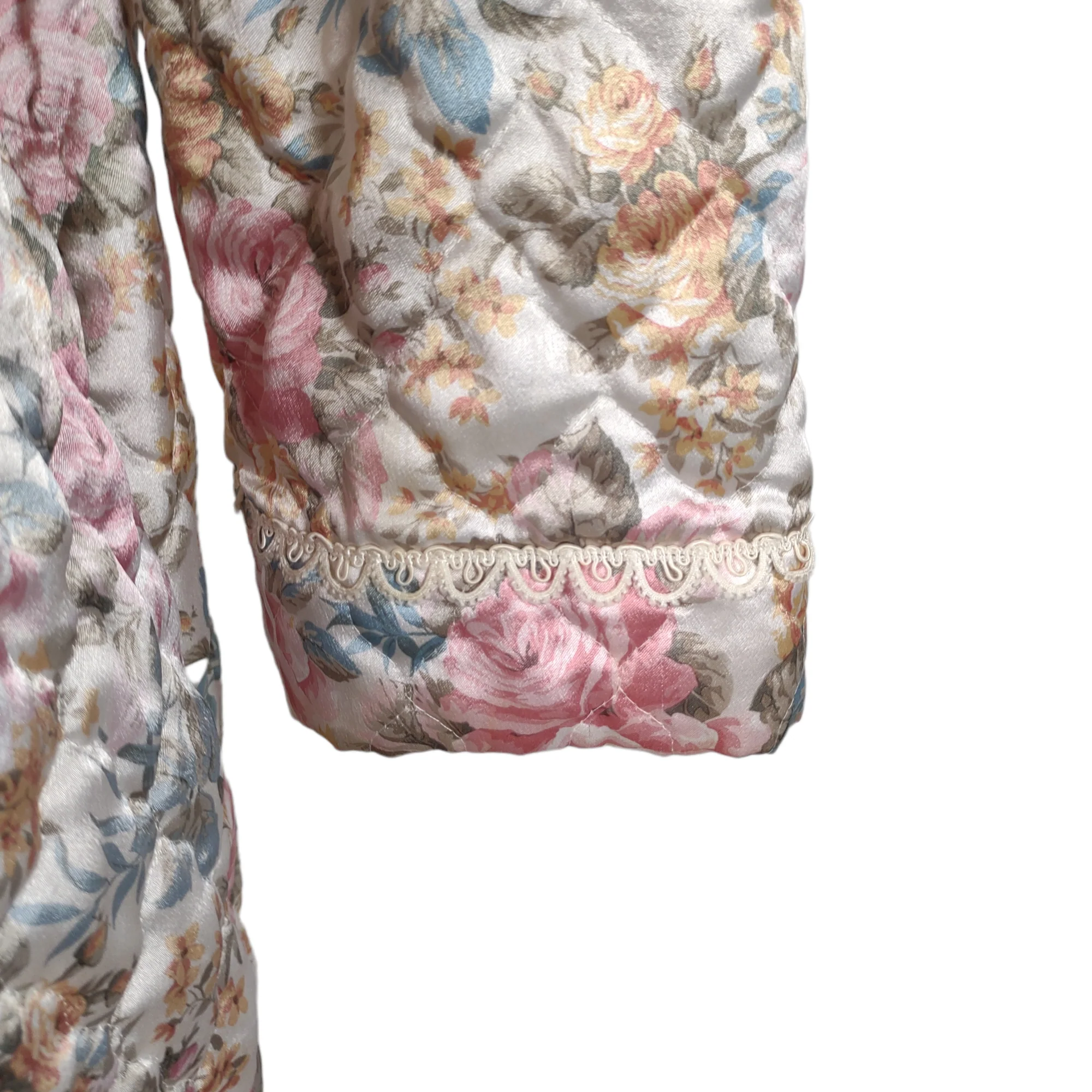 80s Collared Quilted Floral Rose Print House Coat Robe By Miss Elaine At Home - Image 4