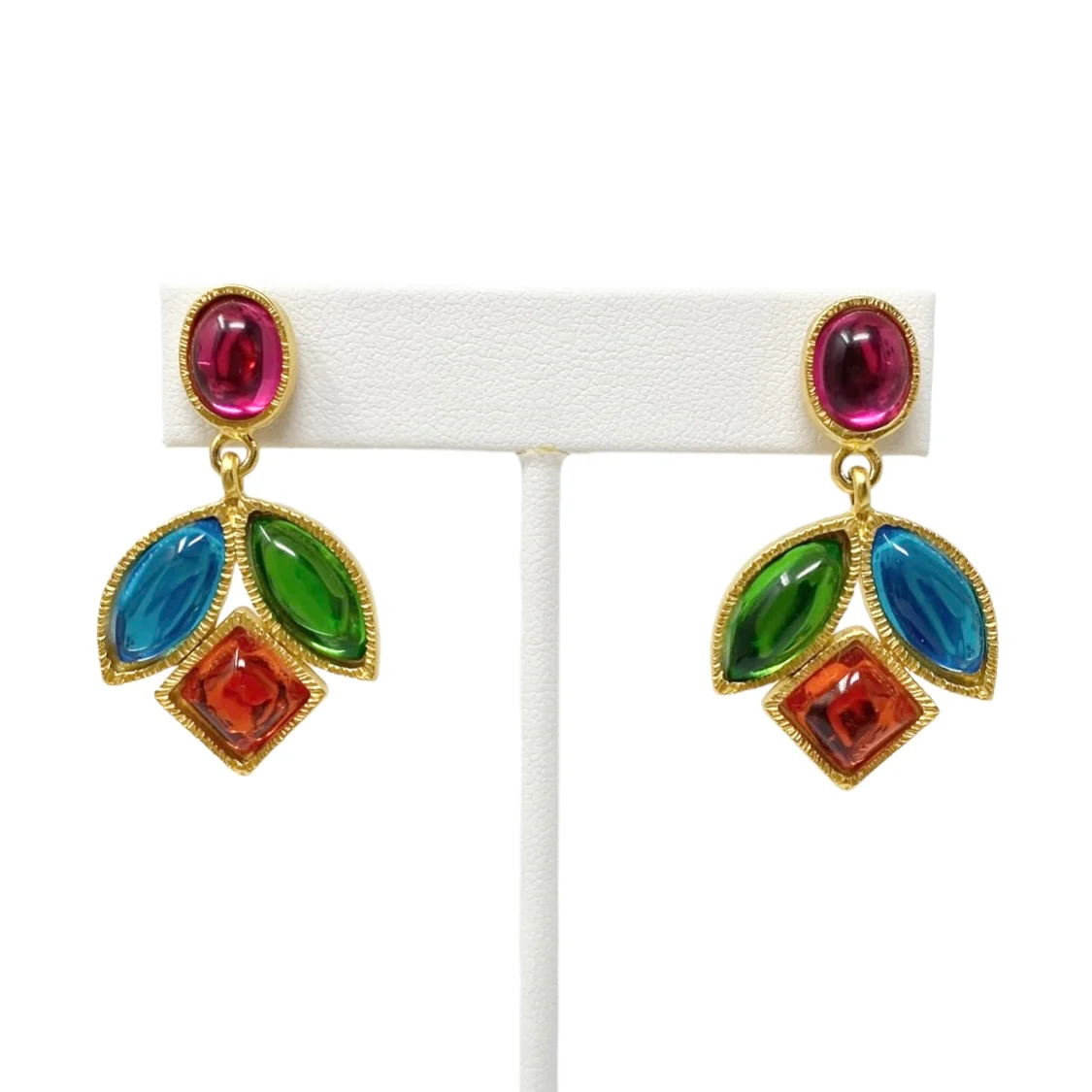 80s Colorful Cabochon Dangle Pierced Earrings - Image 3