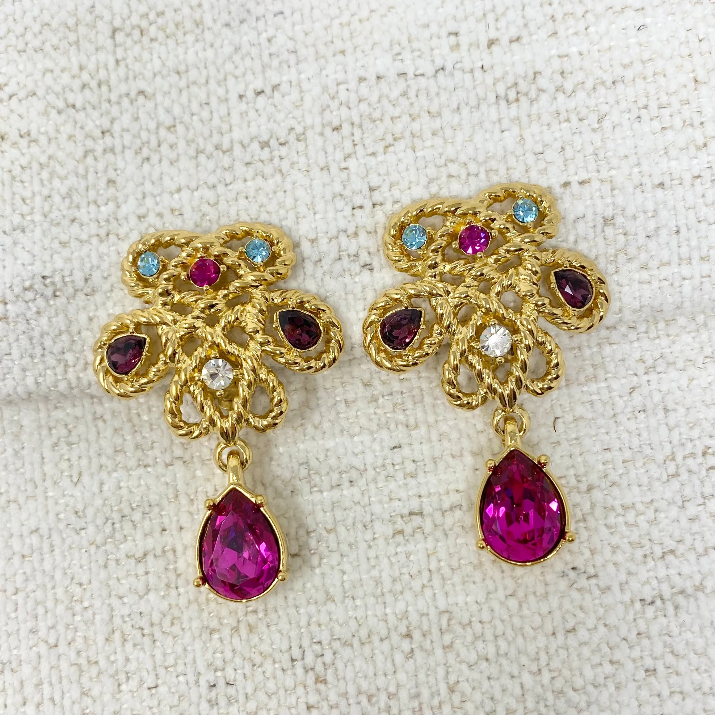 80s Colorful Crystal Dangle Clip On Earrings By Crystalline - Image 3