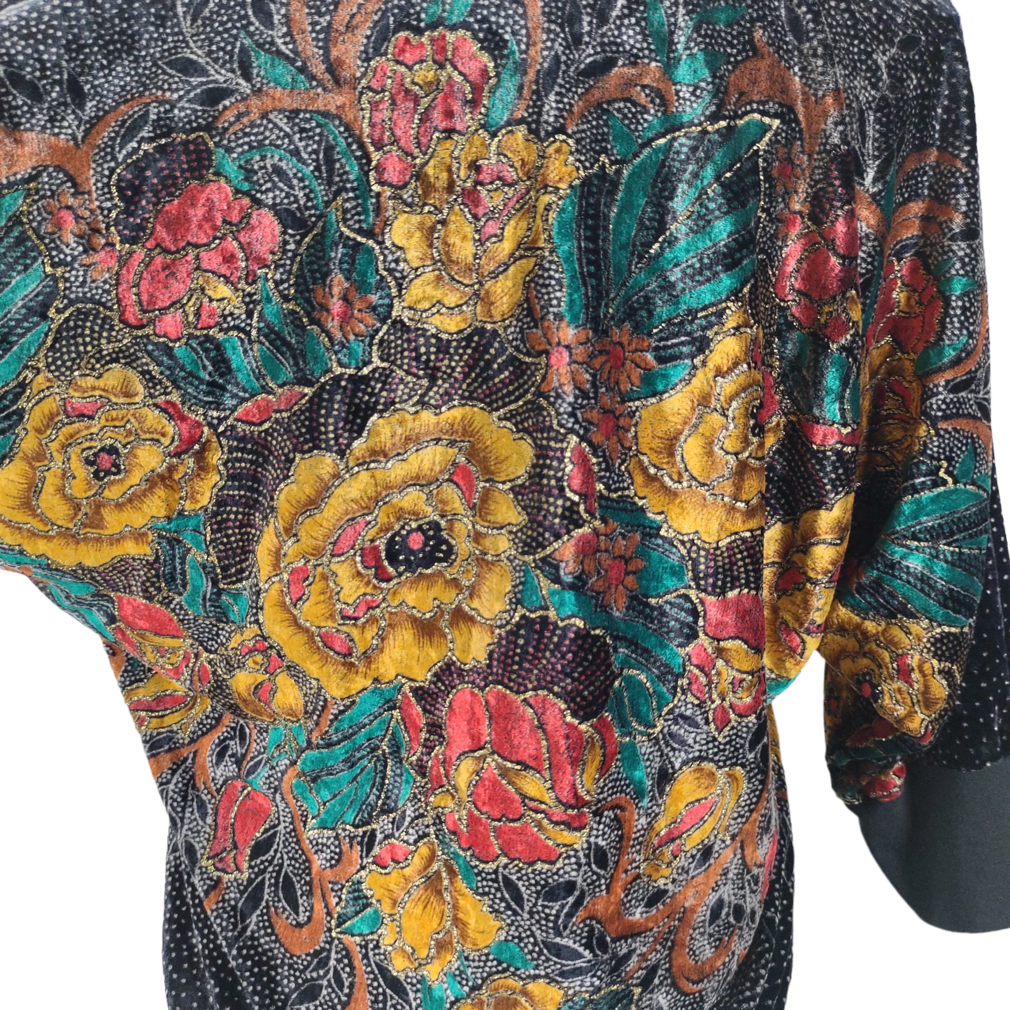 80s Colorful Painted Floral Print Velvet Dolman Top By Western Connection - Image 6