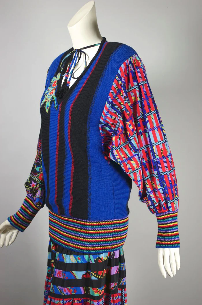 80s Colorful Two Piece Dress Sweater Silk Skirt Set By Diane Freis - Image 4