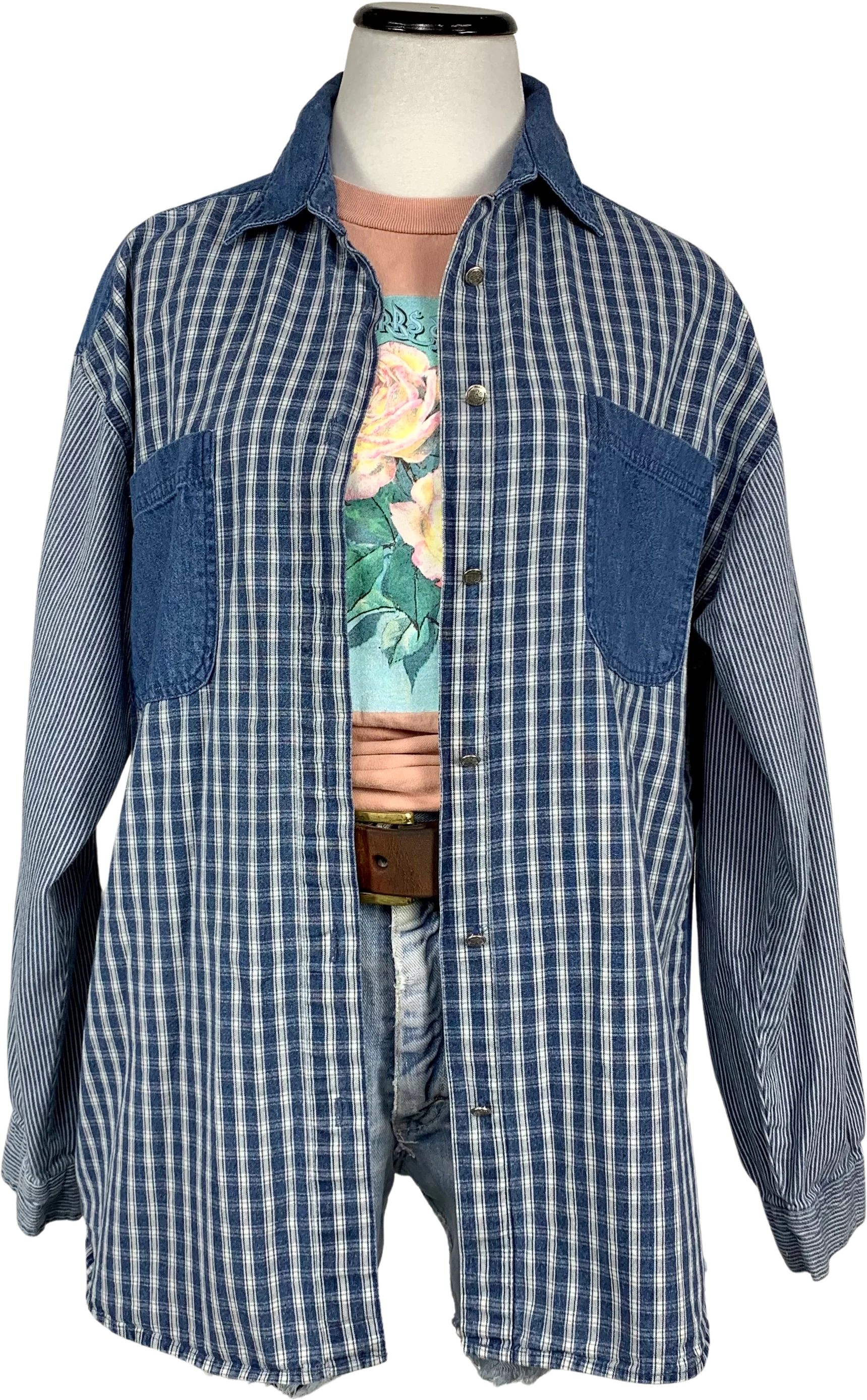 80s Conductor Stripe Plaid Denim Oversized Chore Shirt By Gitano
