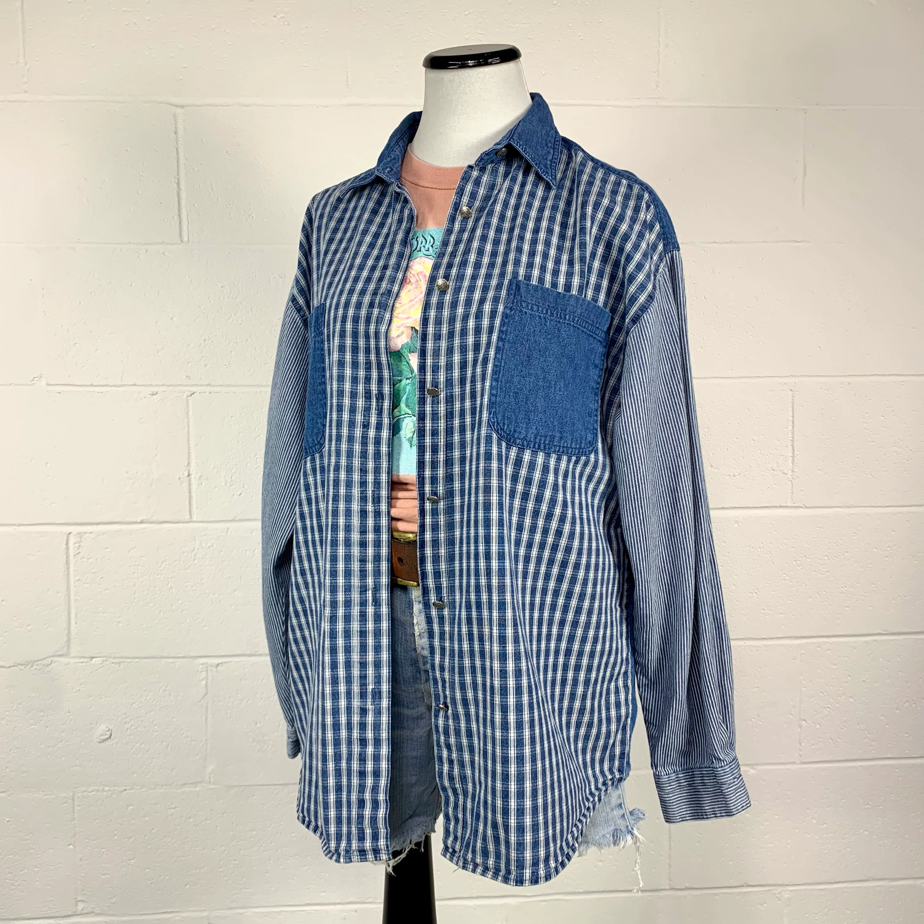 80s Conductor Stripe Plaid Denim Oversized Chore Shirt By Gitano - Image 3