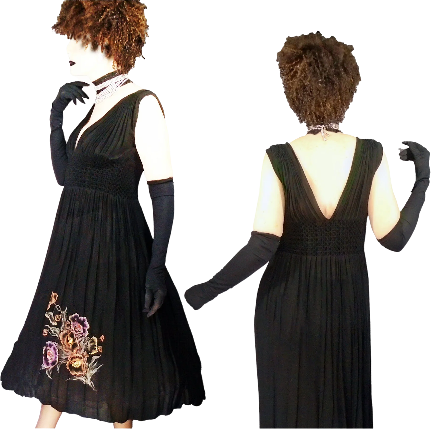 80s Couture Chiffon Cocktail Dress Low Back, Low Cut by Desing Reg D