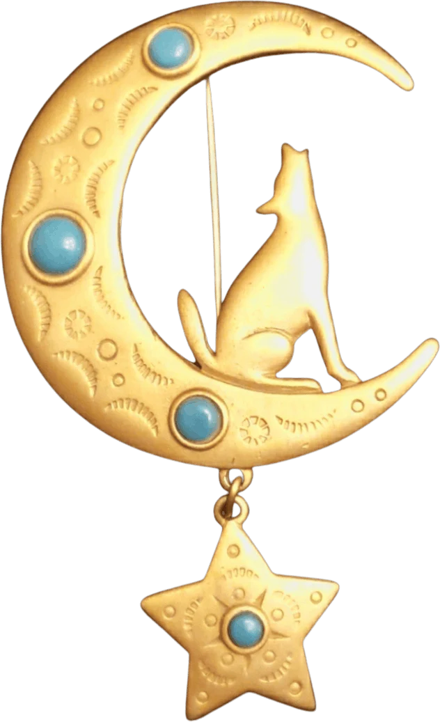 80's Coyote Howling At The Moon Gold Tone Brooch by Jonette Jewelry Co