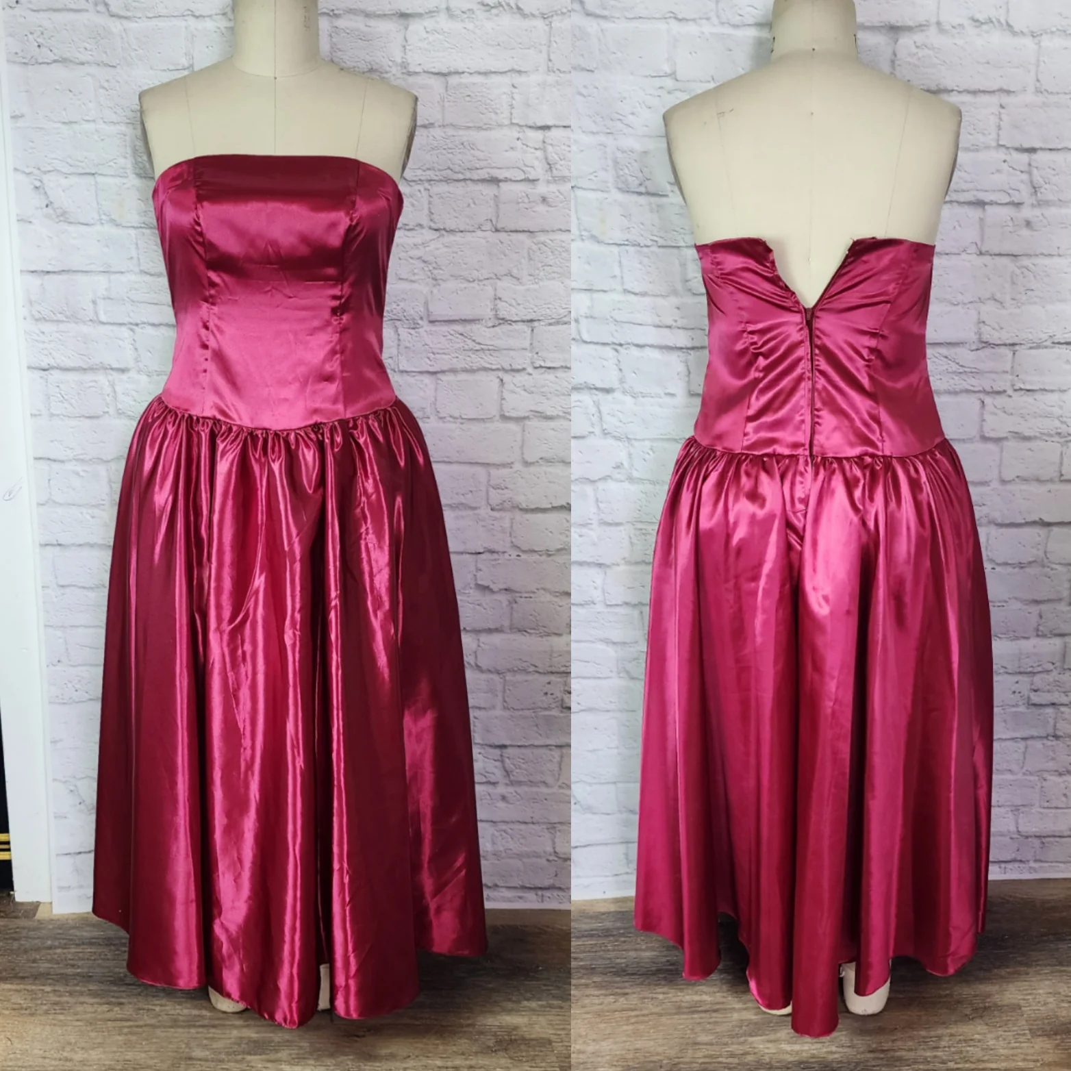 80s Cranberry Satin Strapless Prom Bridesmaid Dress - Image 3