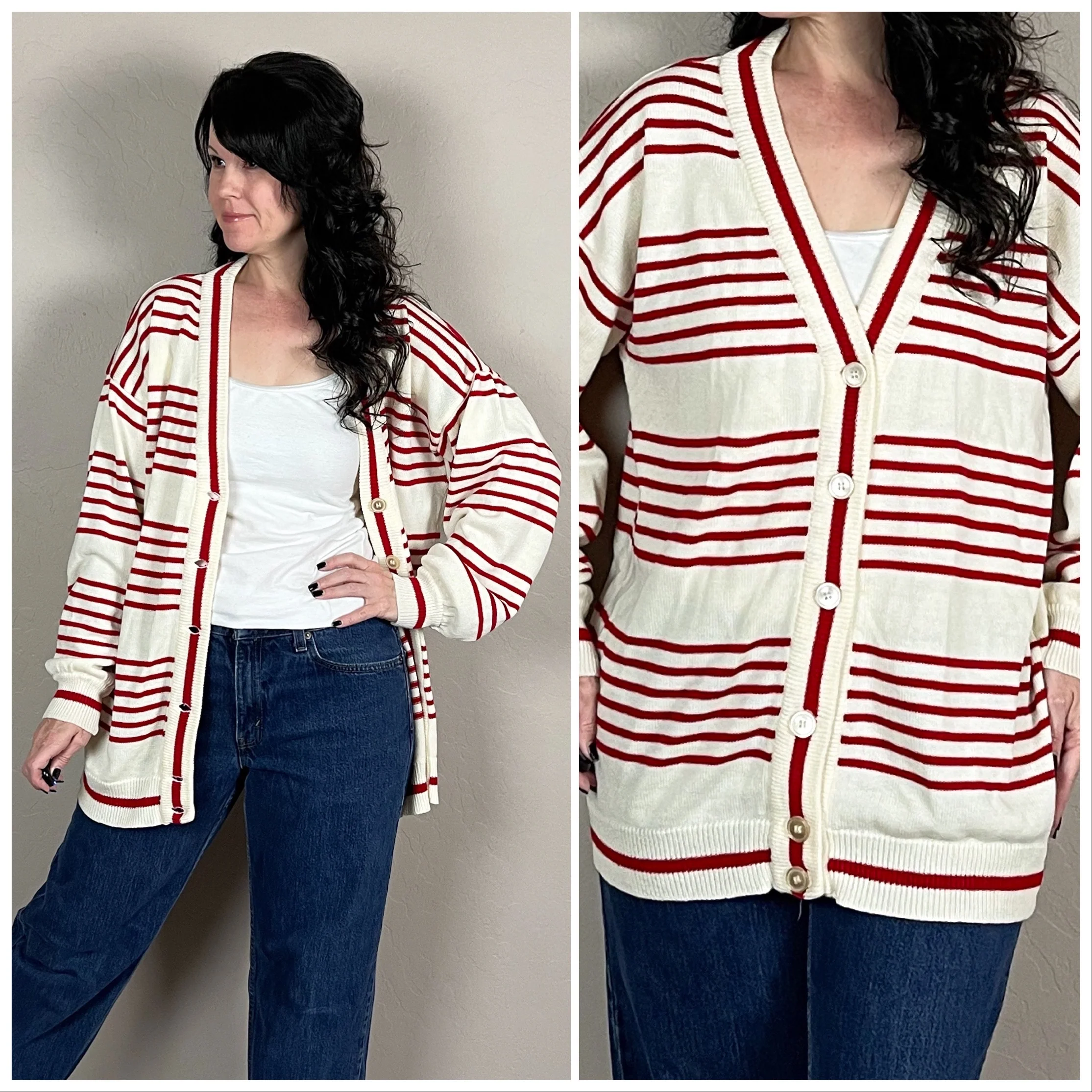 80s Cream And Red Stripe Cardigan By Andrew St. John - Image 2