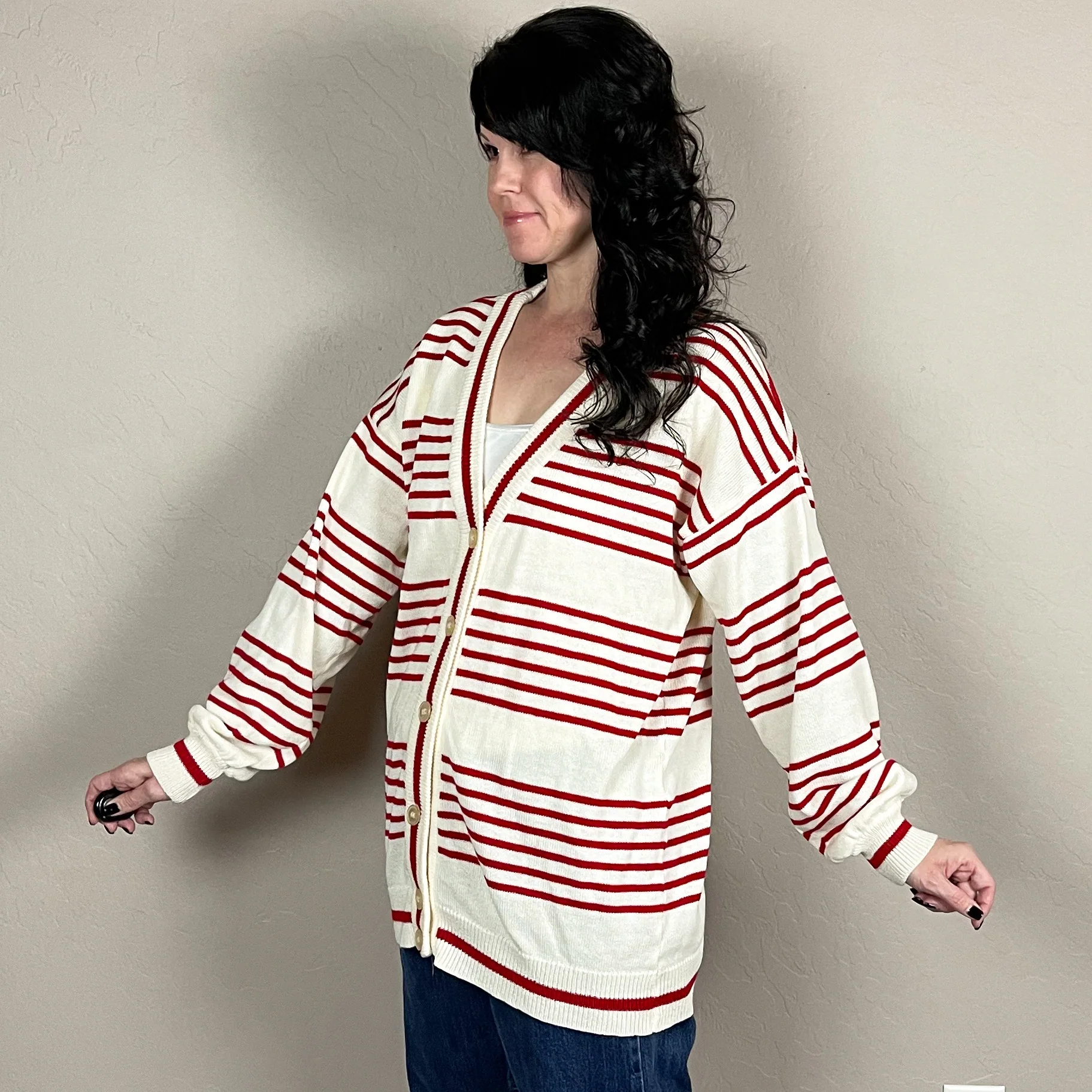 80s Cream And Red Stripe Cardigan By Andrew St. John - Image 3
