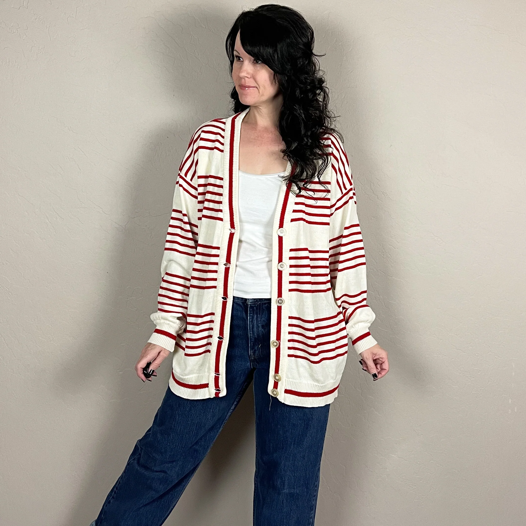 80s Cream And Red Stripe Cardigan By Andrew St. John - Image 5