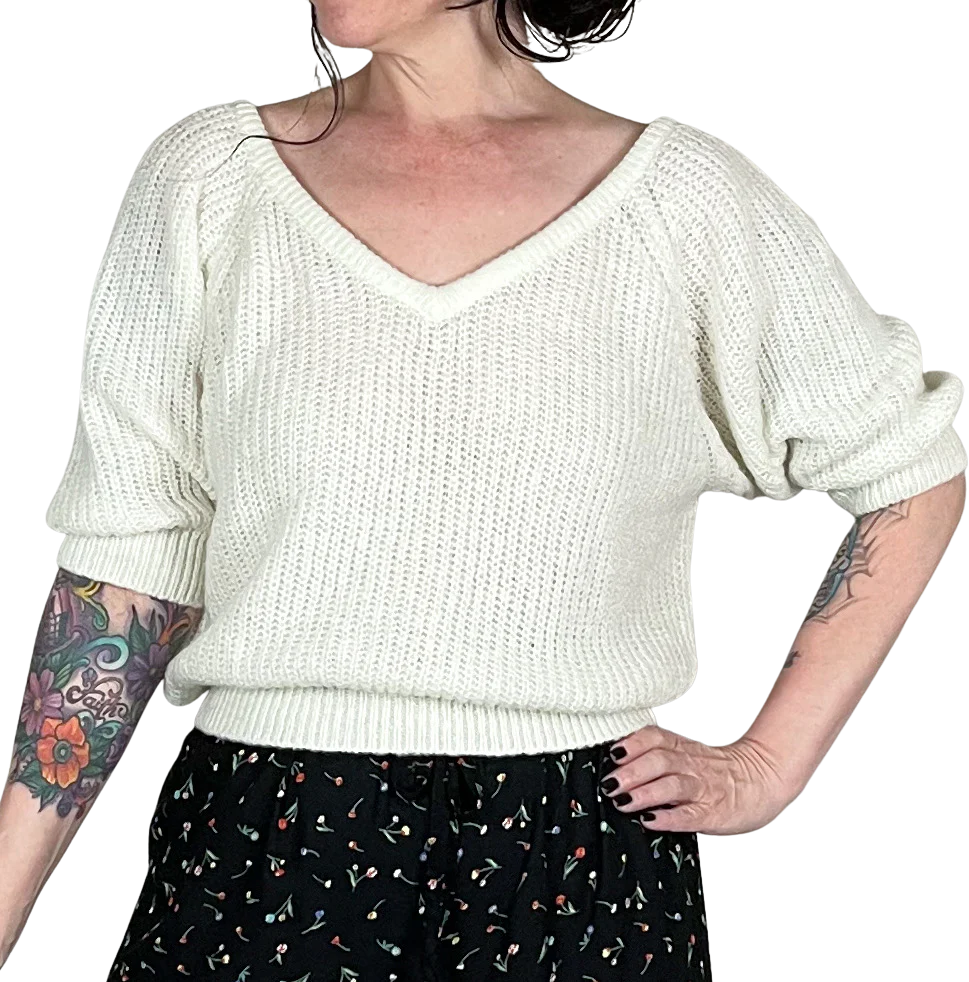 80s Cream Chunky Knit Short Sleeve Crop Sweater By Junior Connection