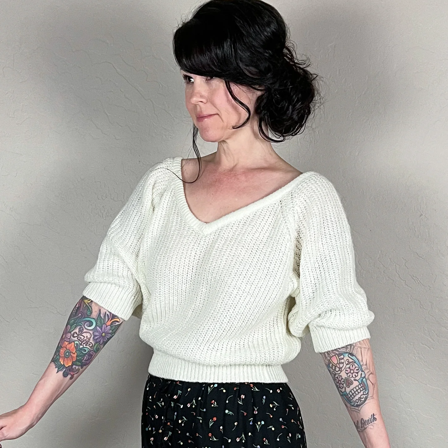 80s Cream Chunky Knit Short Sleeve Crop Sweater By Junior Connection - Image 2
