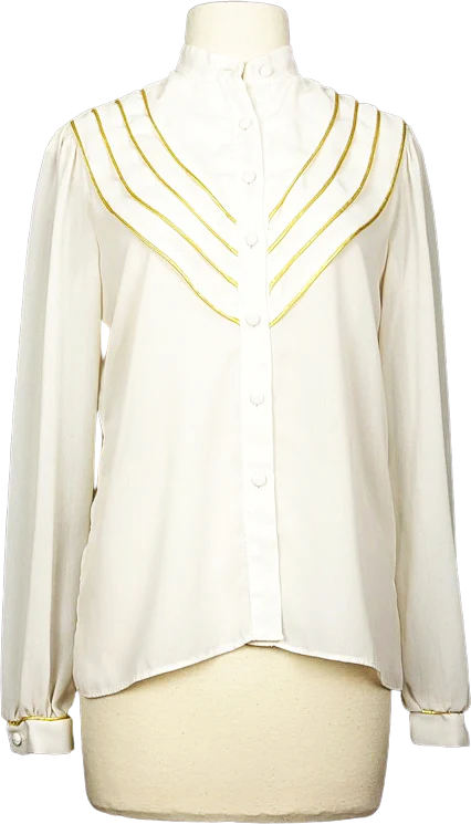 80s Cream Sheer Gold Trim Pleated Blouse By Nordstrom