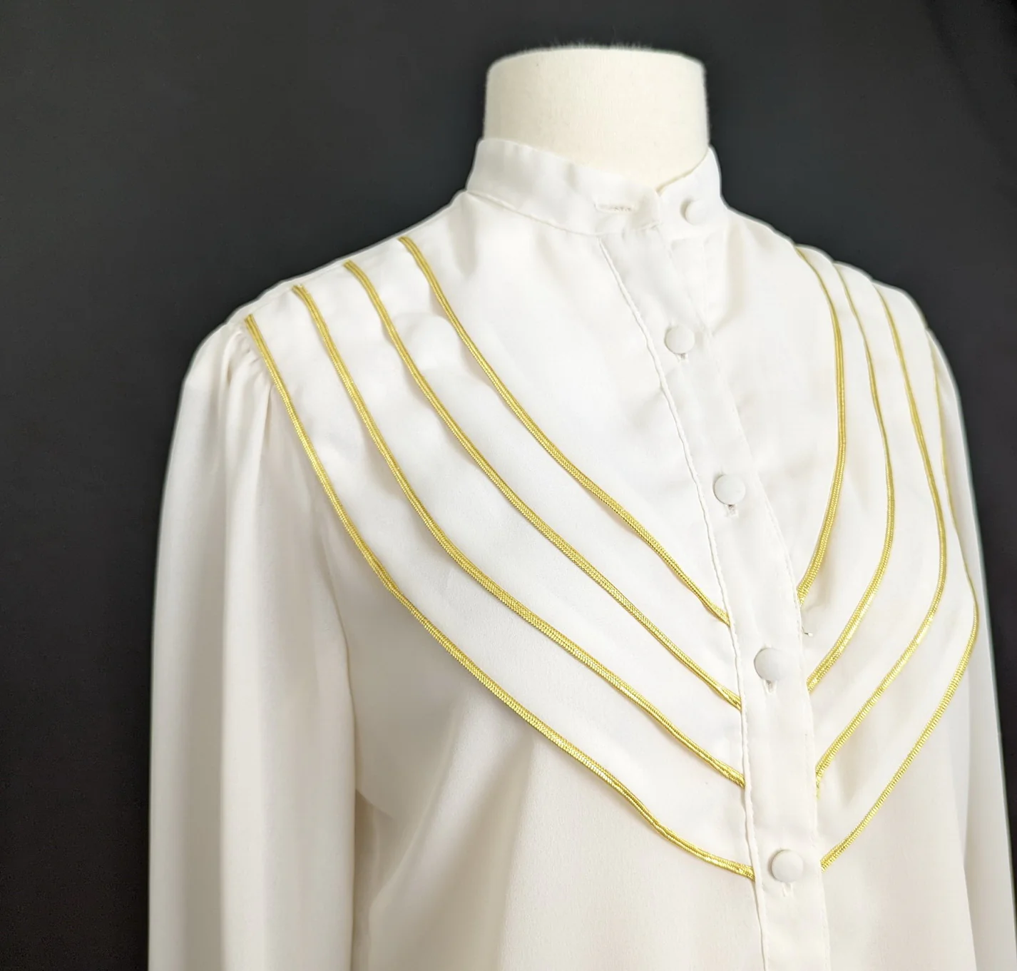 80s Cream Sheer Gold Trim Pleated Blouse By Nordstrom - Image 4