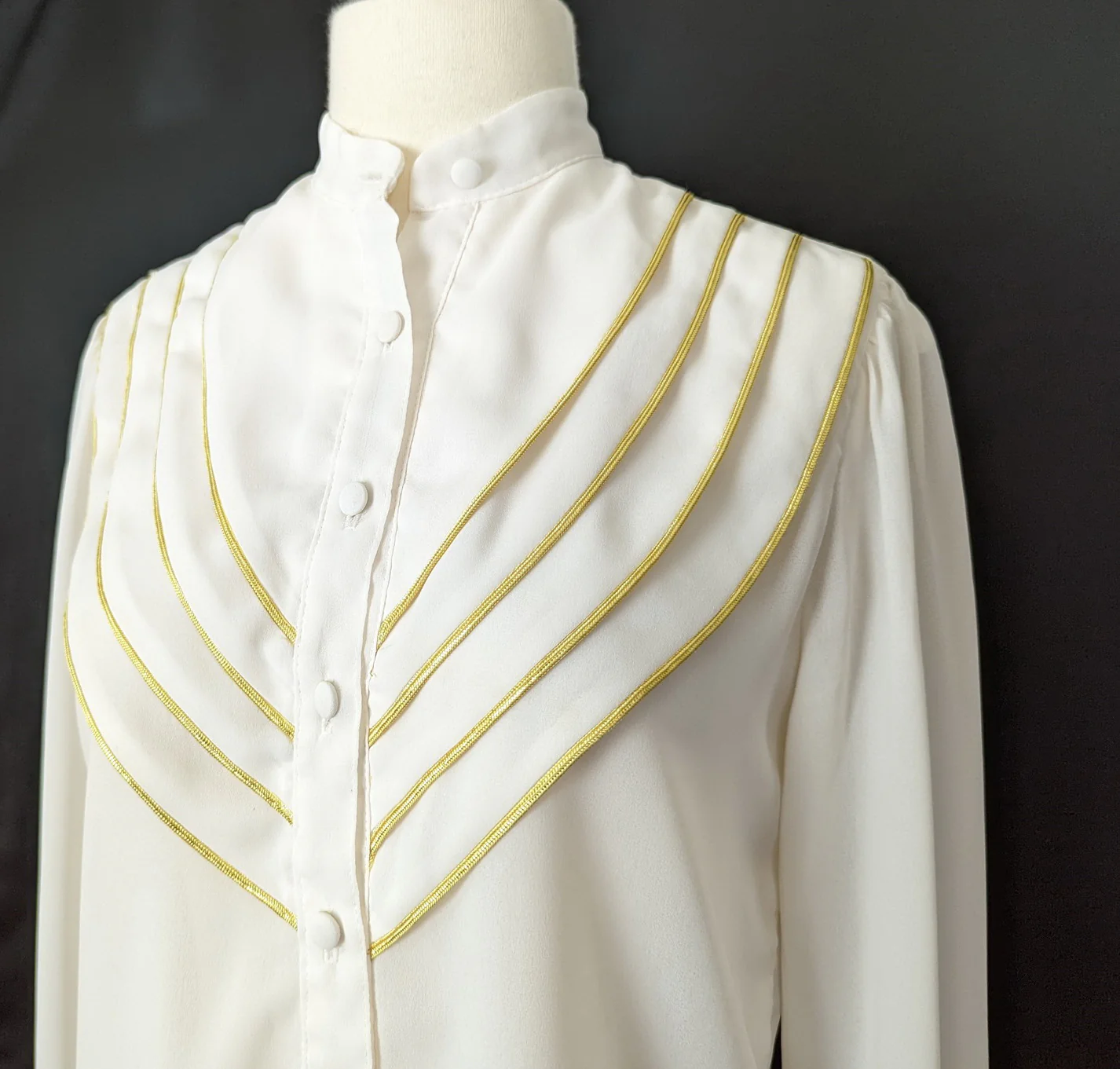 80s Cream Sheer Gold Trim Pleated Blouse By Nordstrom - Image 5