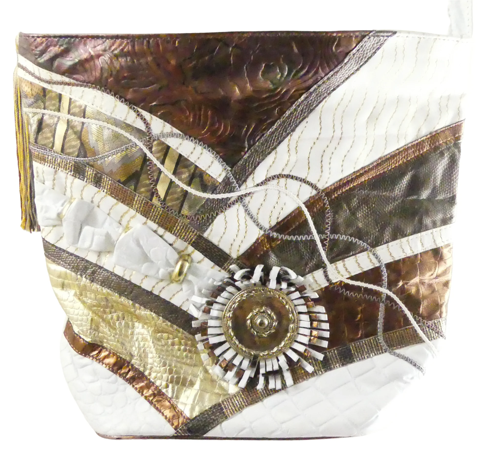 80s Croc Skin Print Leather Fringe Metal Brass Bag By Samir - Image 3