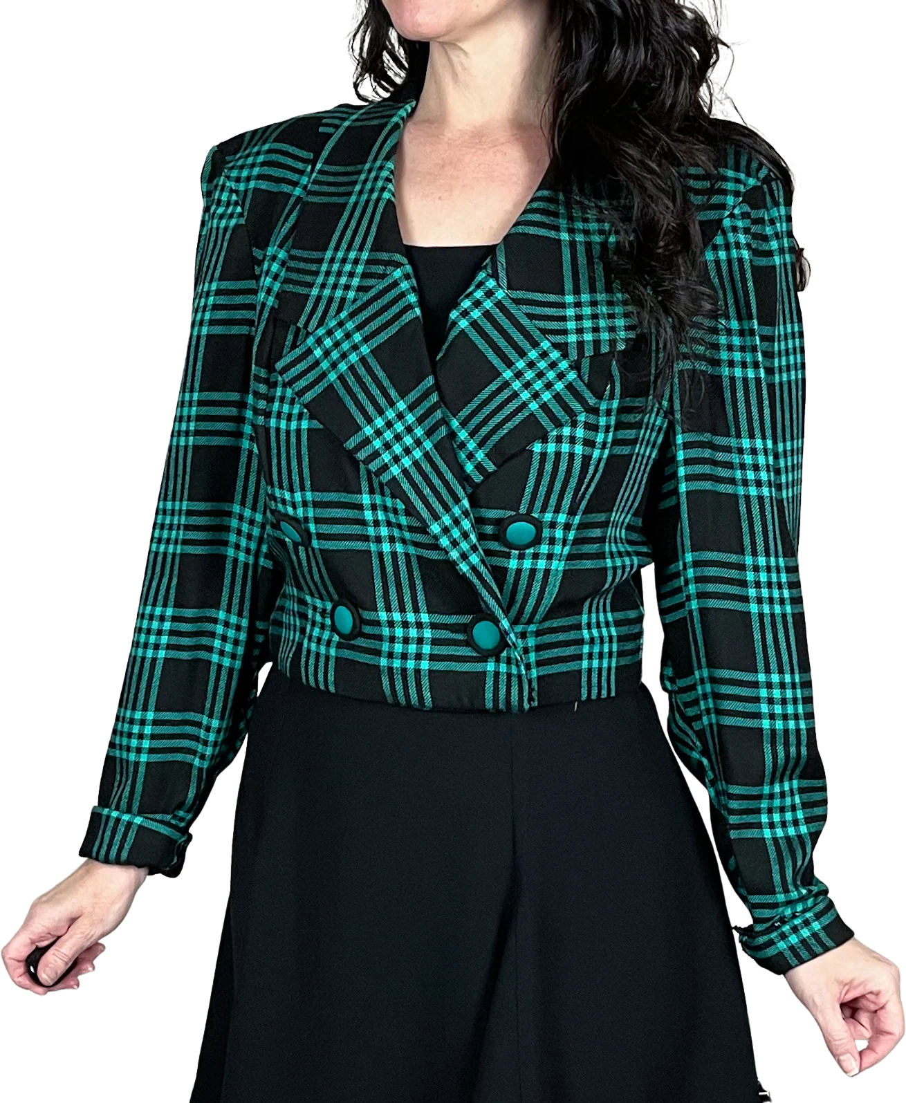 80s Deadstock Green And Black Plaid Crop Blazer By Leslie Lucks