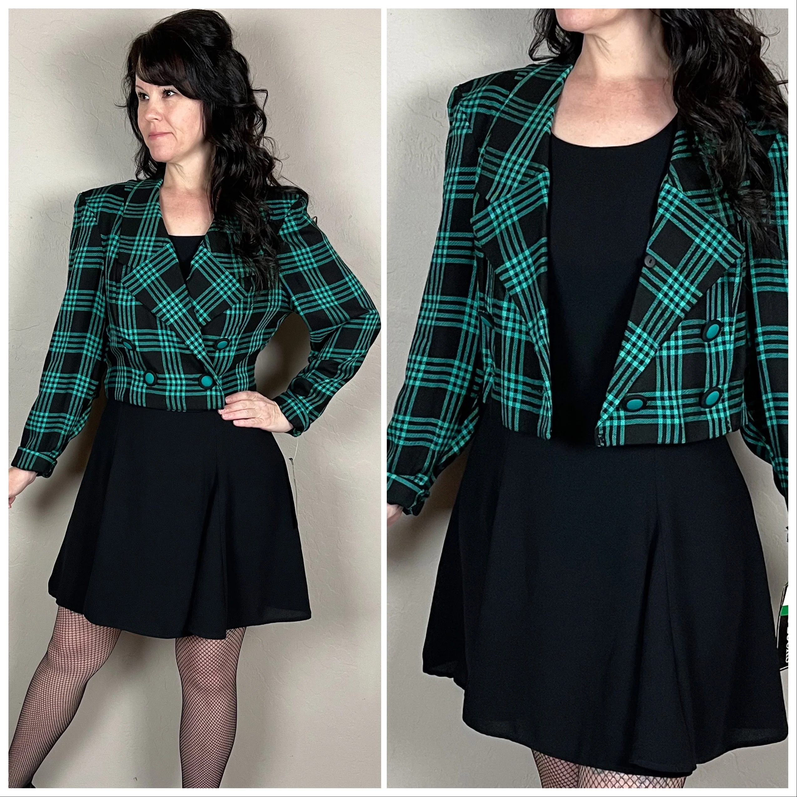 80s Deadstock Green And Black Plaid Crop Blazer By Leslie Lucks - Image 2
