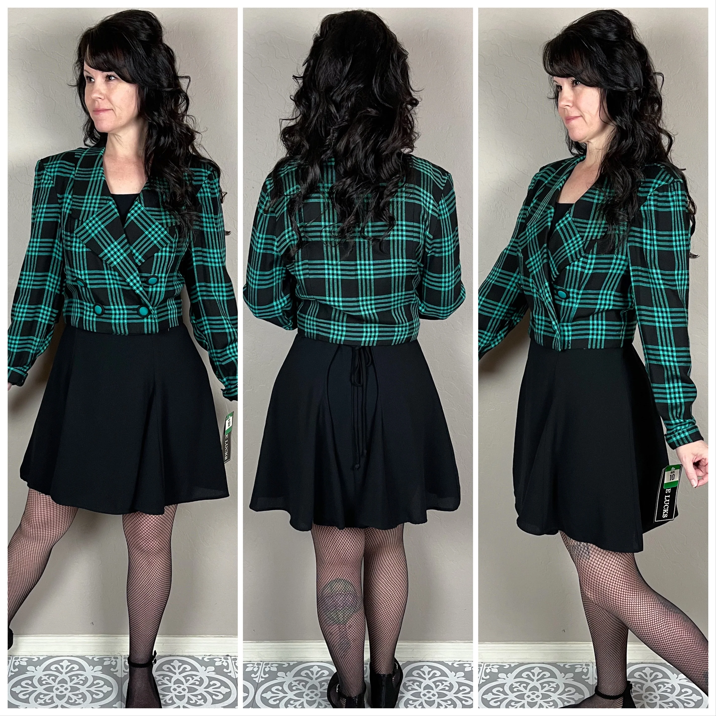 80s Deadstock Green And Black Plaid Crop Blazer By Leslie Lucks - Image 3