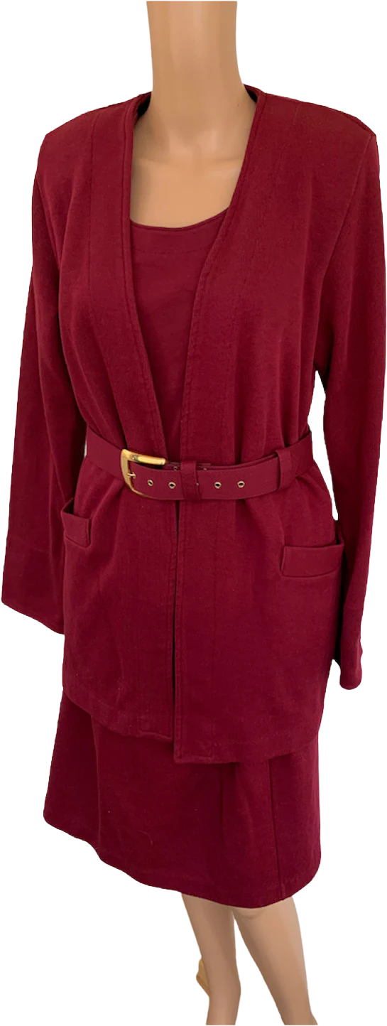 80s Deep Red Cotton Blend 3 Pc Cardigan Skirt Top Set By Weekenders