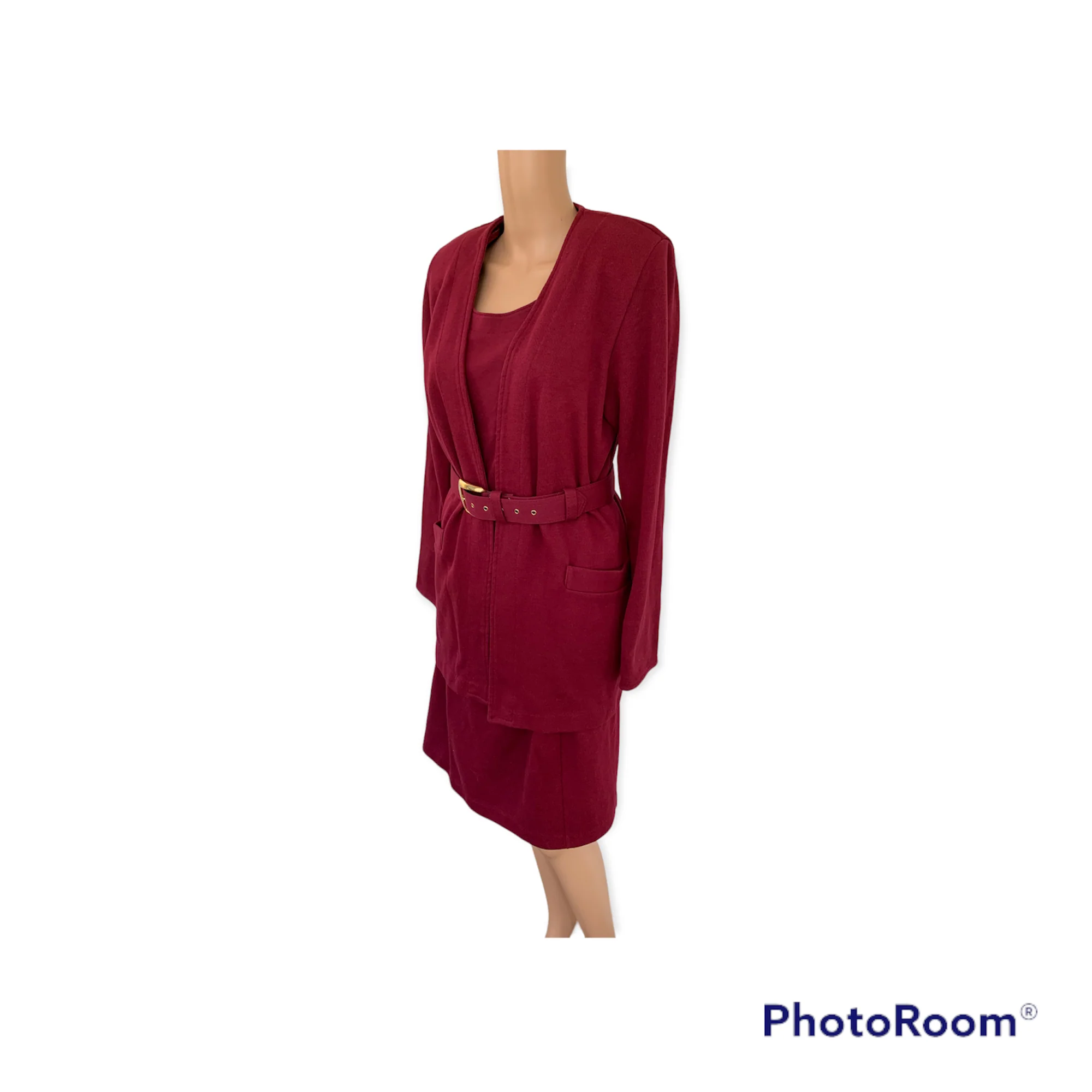 80s Deep Red Cotton Blend 3 Pc Cardigan Skirt Top Set By Weekenders - Image 4