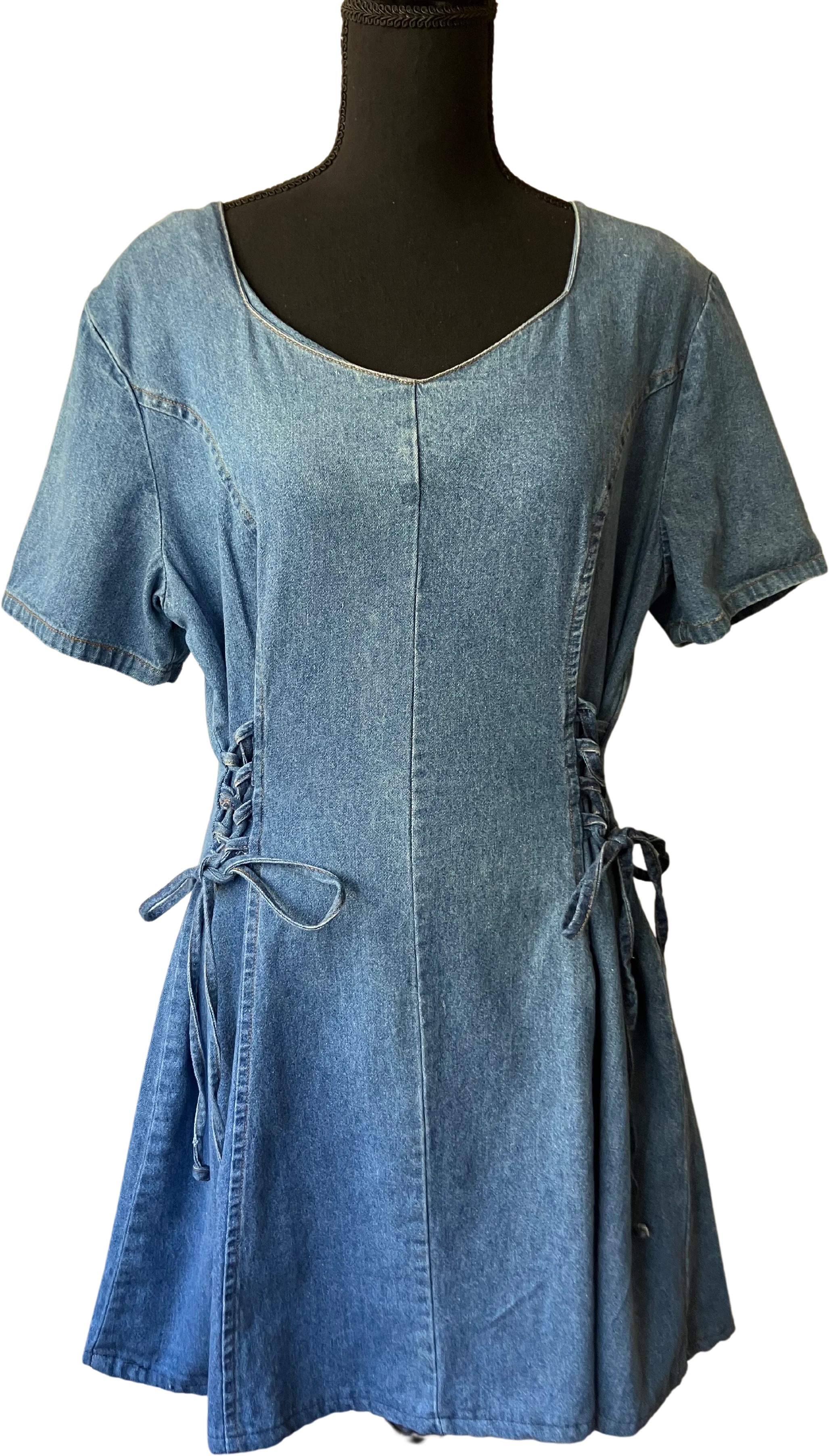 80s Denim Mini Dress With Lace Up Tie Detail By M.h.m. Melissa Harper
