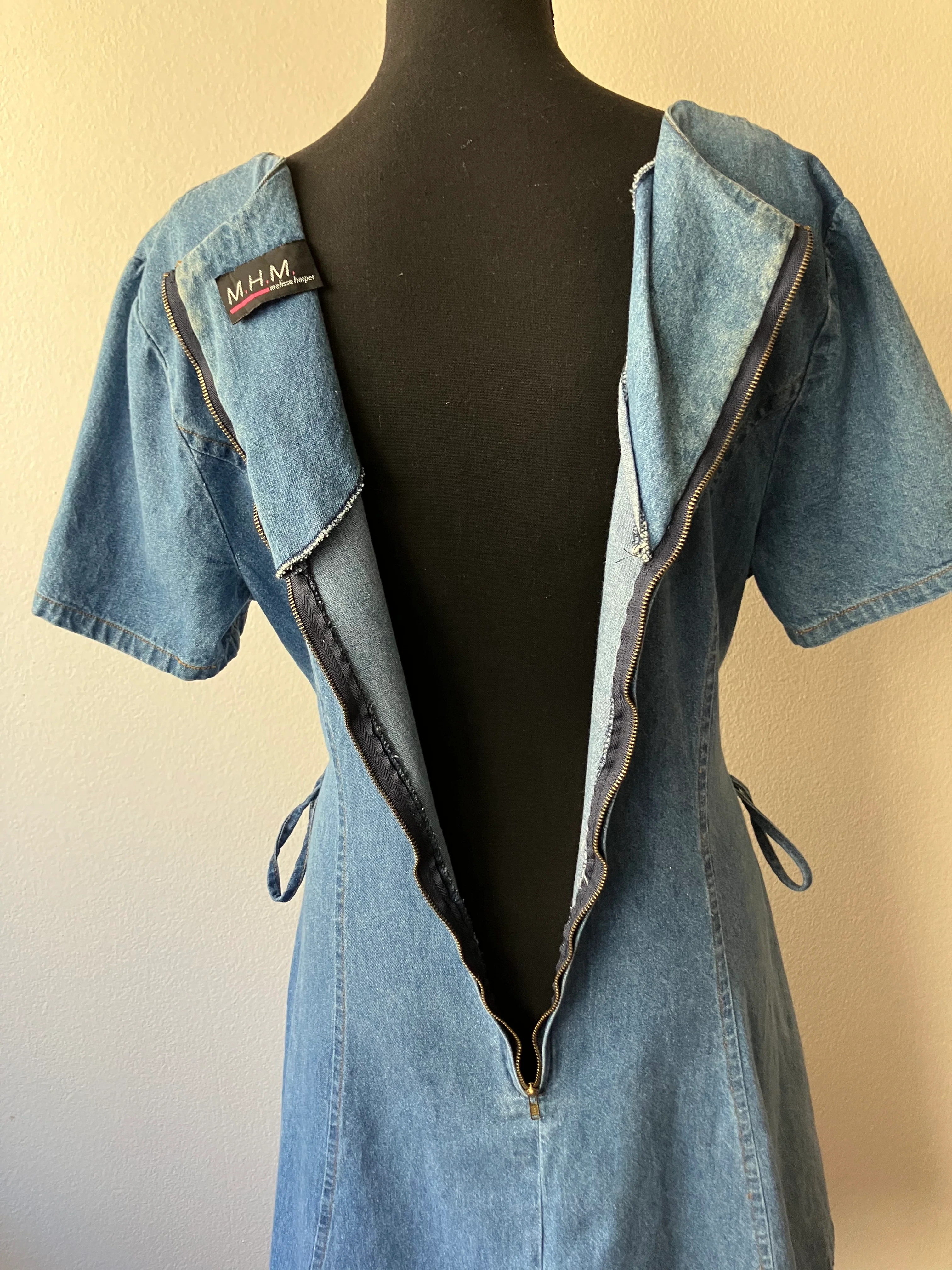 80s Denim Mini Dress With Lace Up Tie Detail By M.h.m. Melissa Harper - Image 10