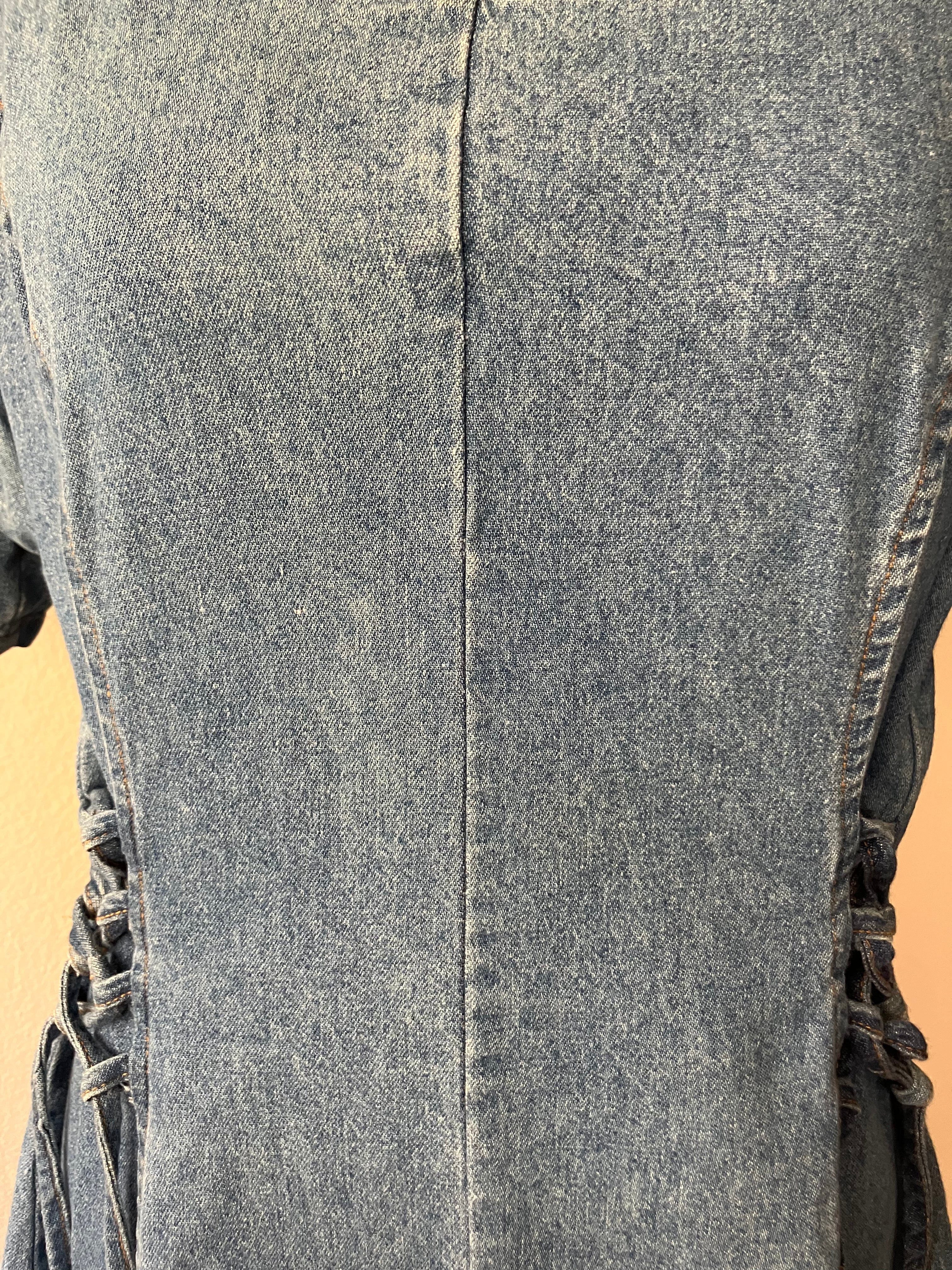 80s Denim Mini Dress With Lace Up Tie Detail By M.h.m. Melissa Harper - Image 14