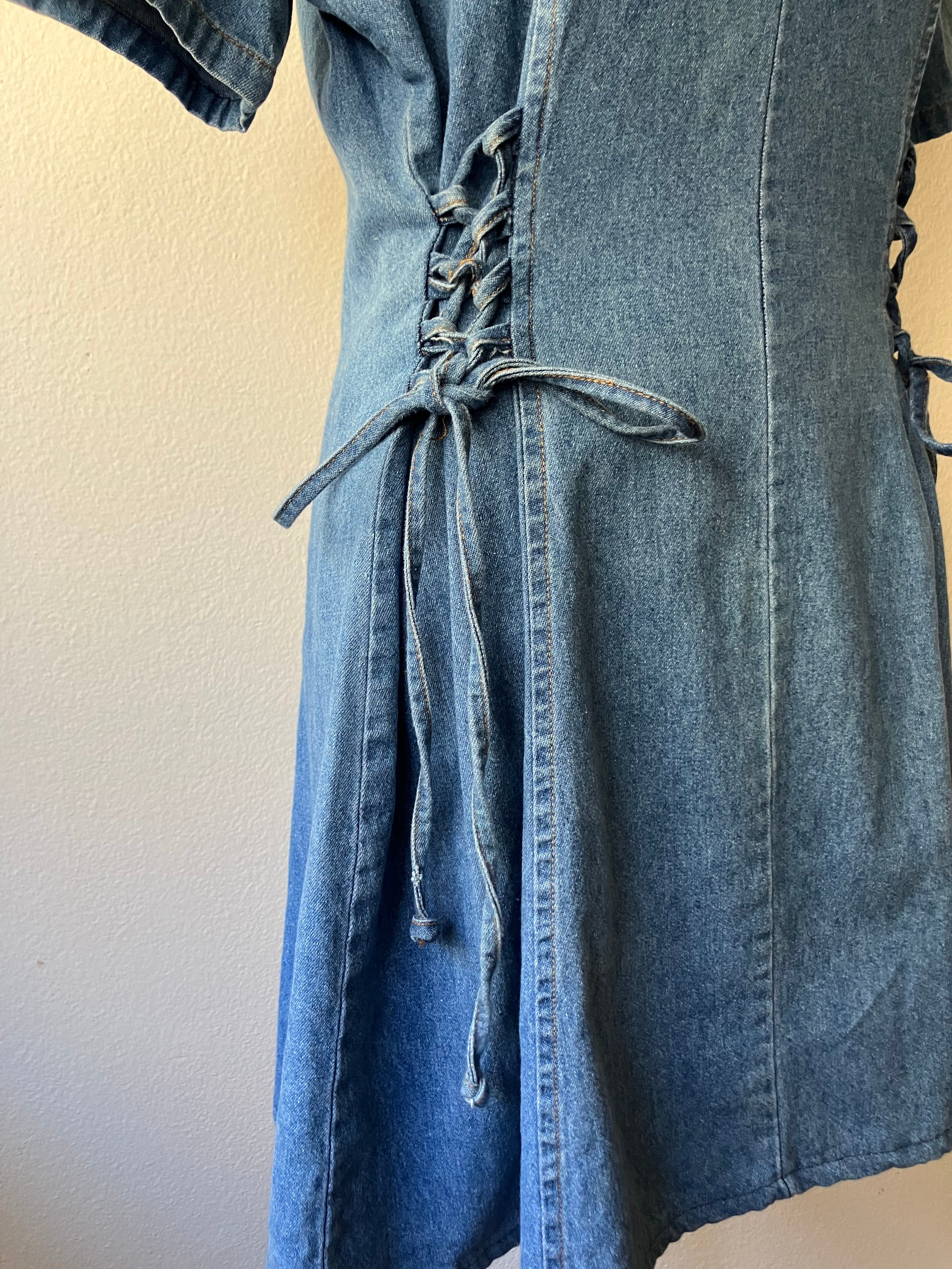 80s Denim Mini Dress With Lace Up Tie Detail By M.h.m. Melissa Harper - Image 6