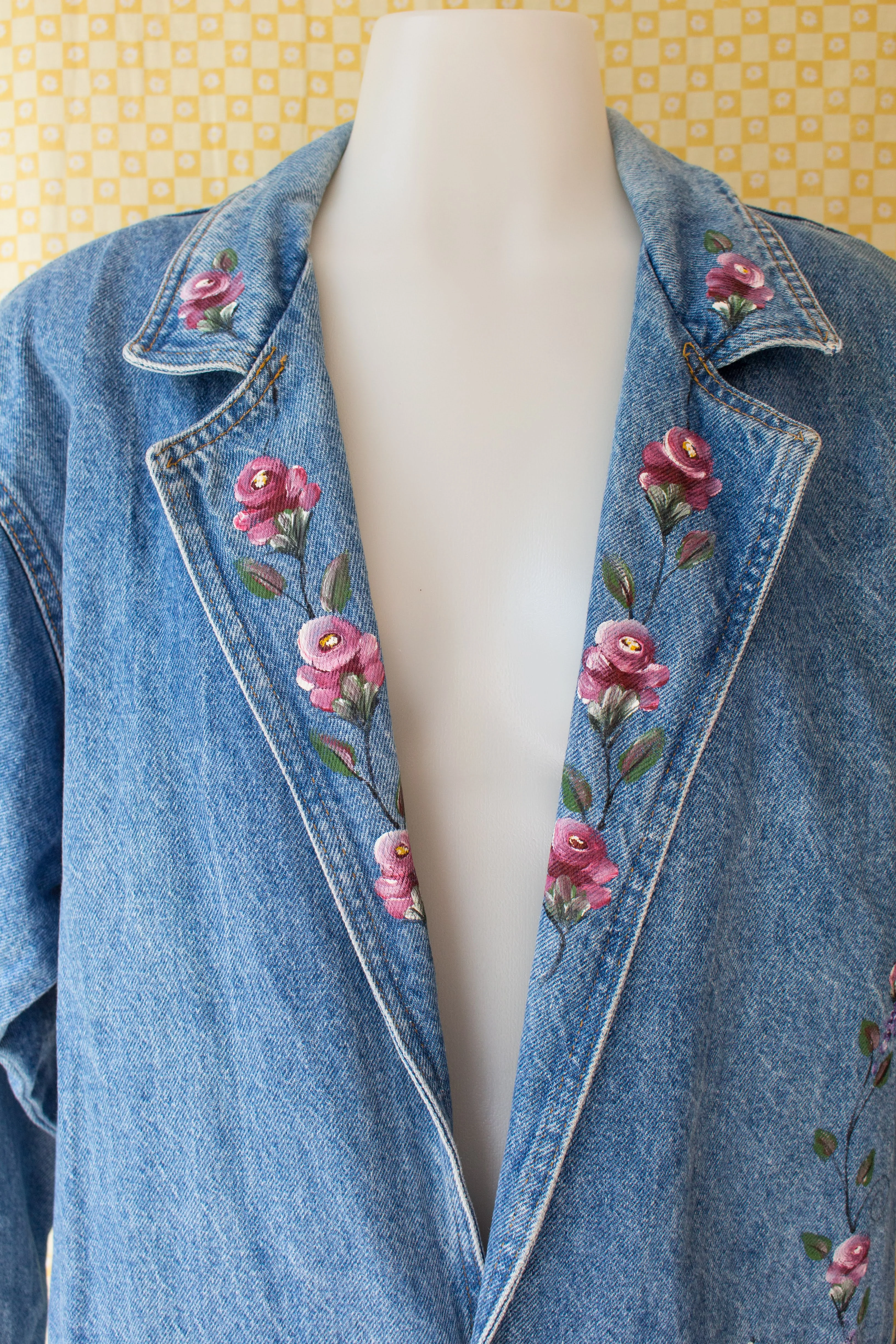 80s Denim Trench Coat With Hand Painted Flowers By Sunbelt Sportswear - Image 3