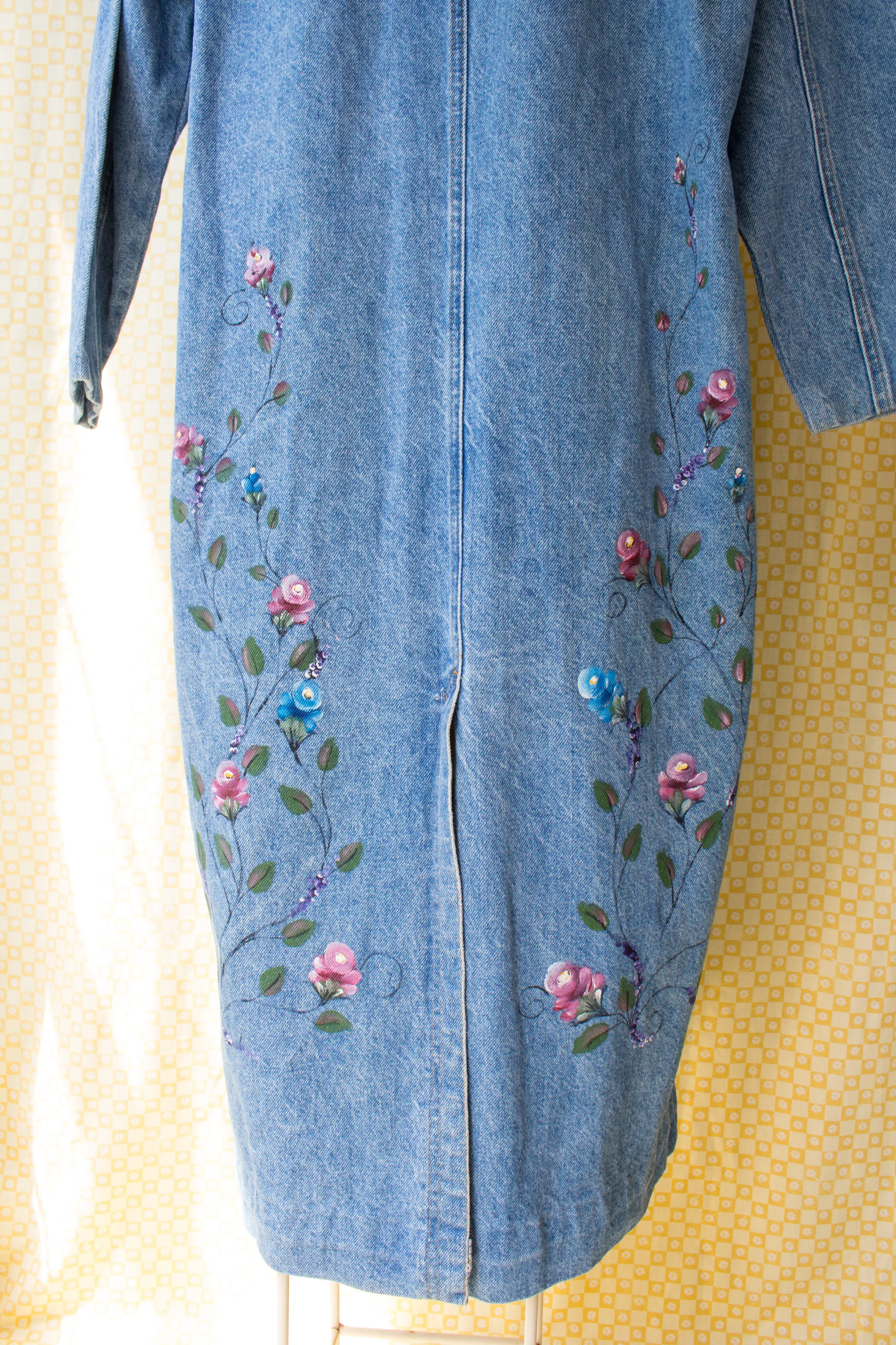 80s Denim Trench Coat With Hand Painted Flowers By Sunbelt Sportswear - Image 7