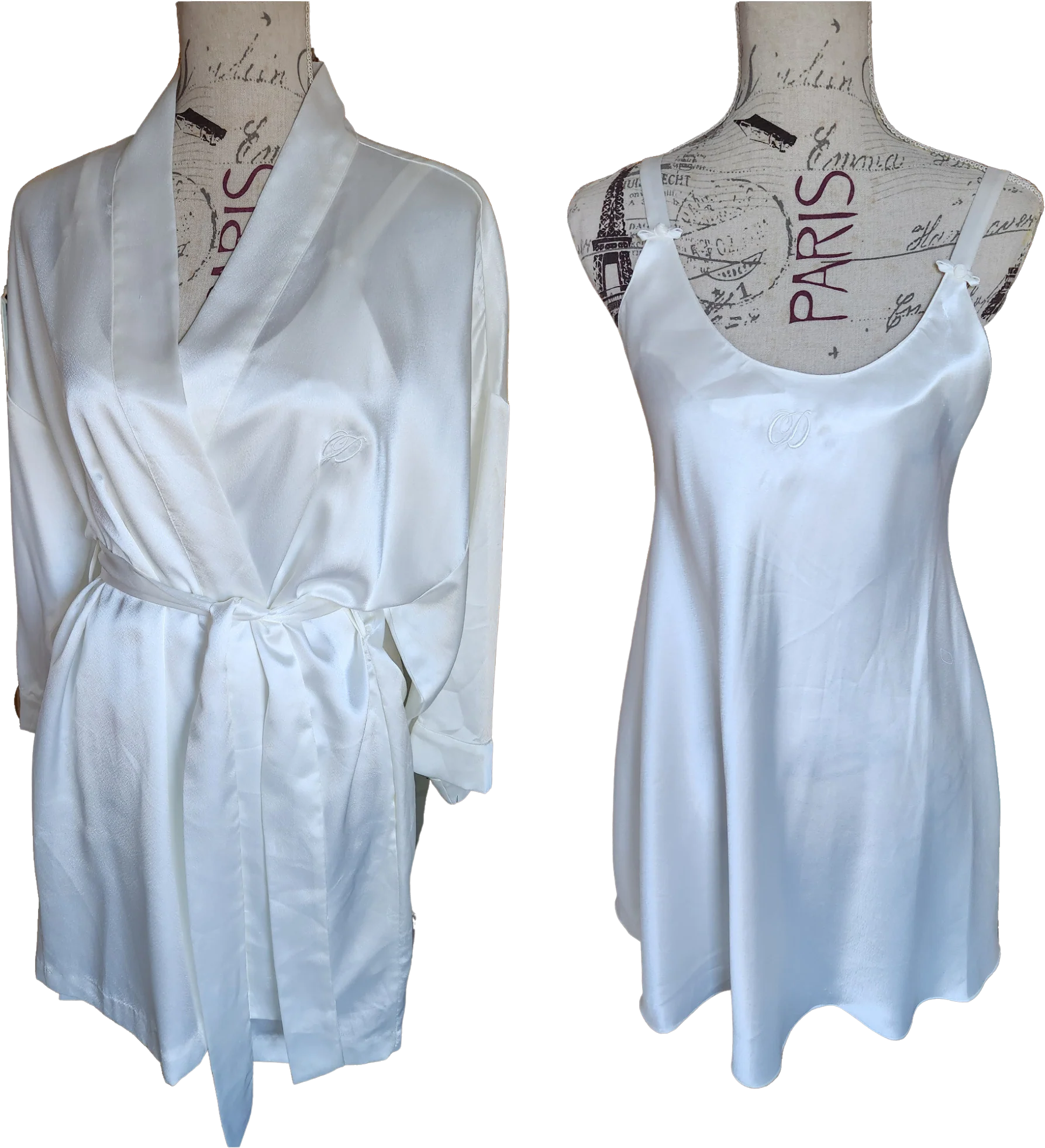 80s Designer White Satin Short Chemise And Robe By Christian Dior