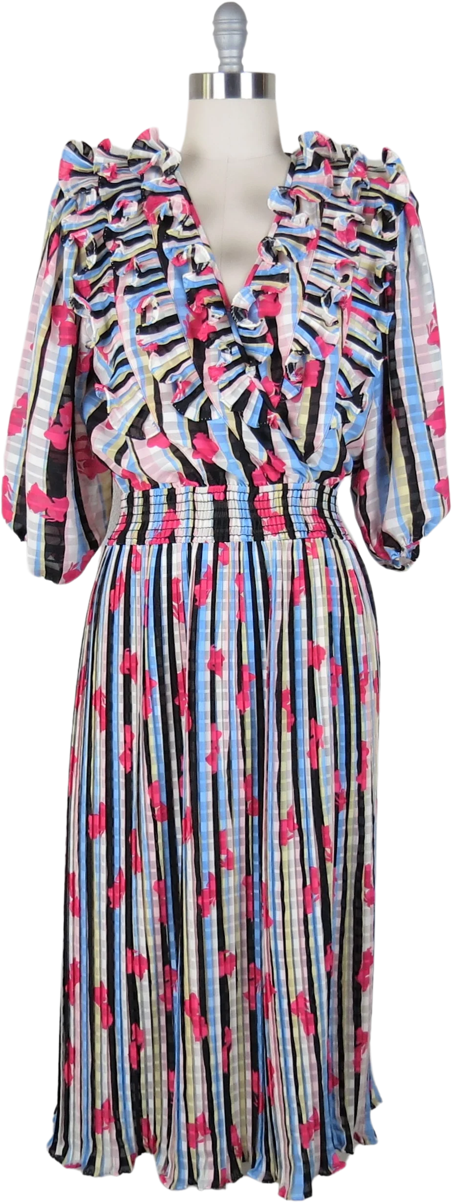 80s Diane Freis Style Dress Balloon Sleeve Pleated By Mosaic