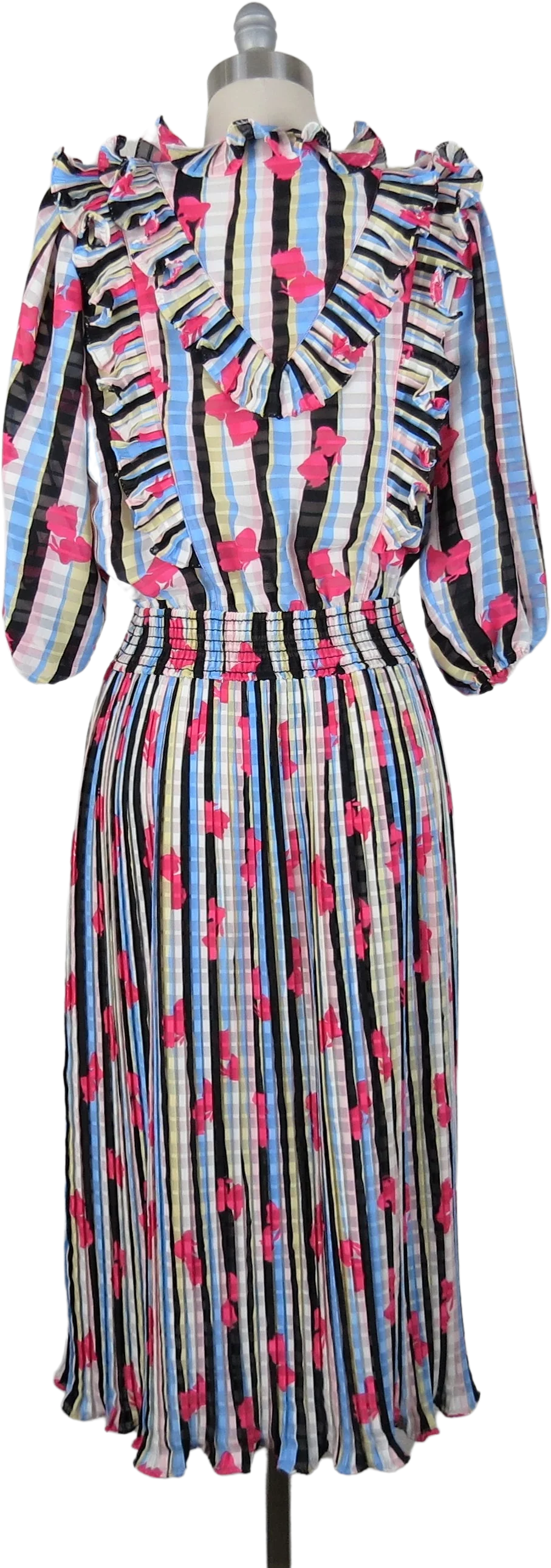 80s Diane Freis Style Dress Balloon Sleeve Pleated By Mosaic - Image 2