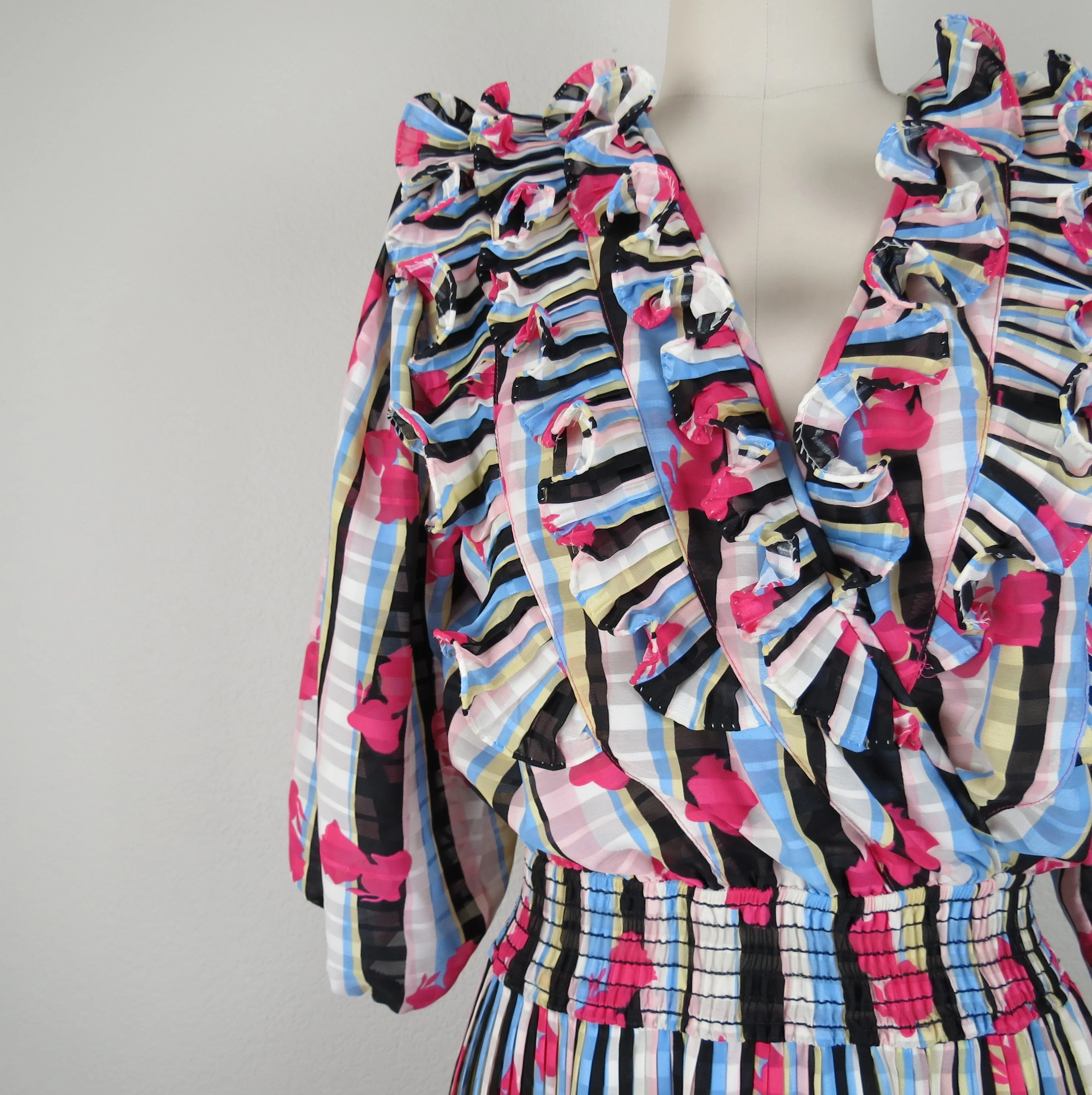 80s Diane Freis Style Dress Balloon Sleeve Pleated By Mosaic - Image 4