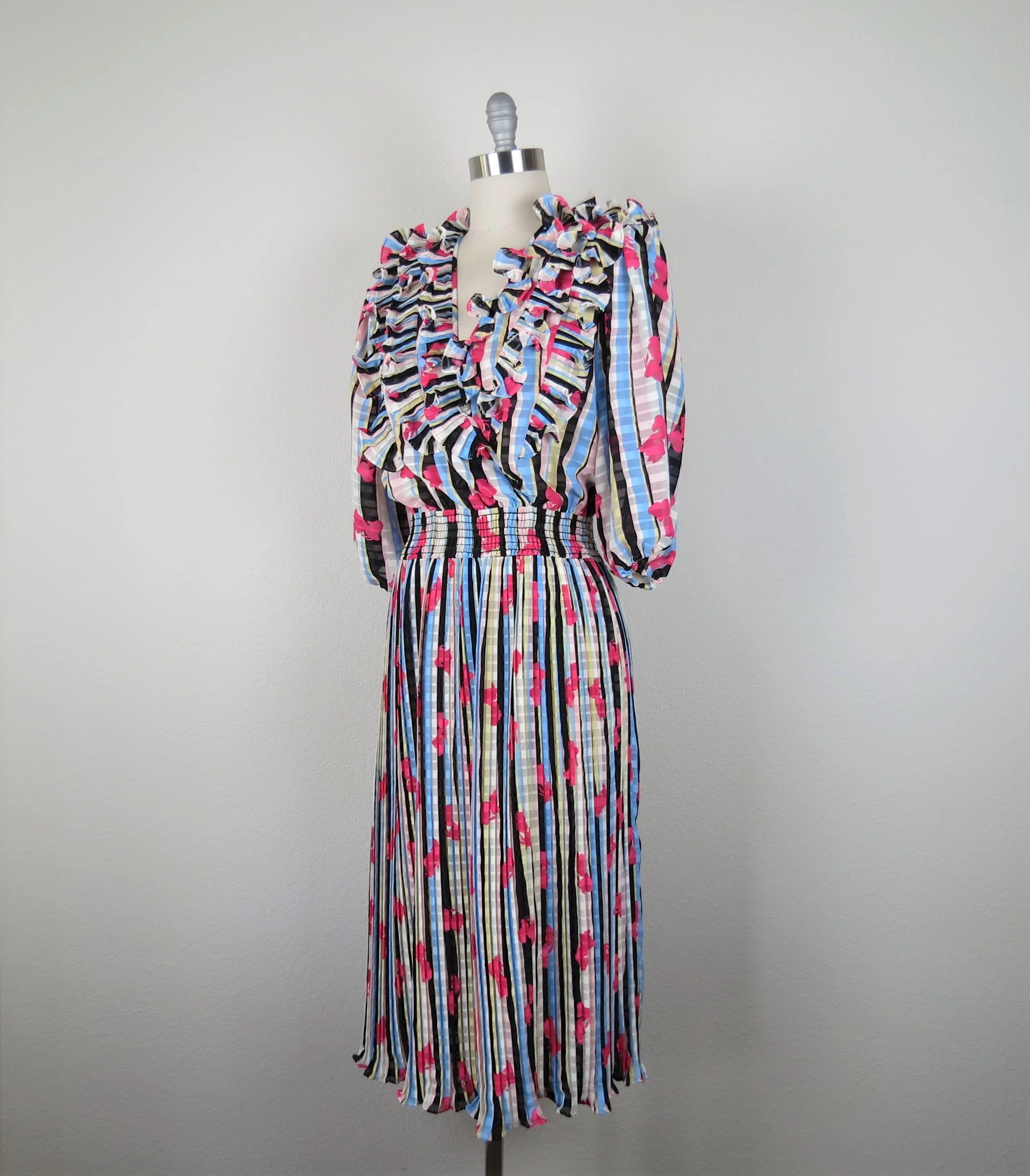 80s Diane Freis Style Dress Balloon Sleeve Pleated By Mosaic - Image 5