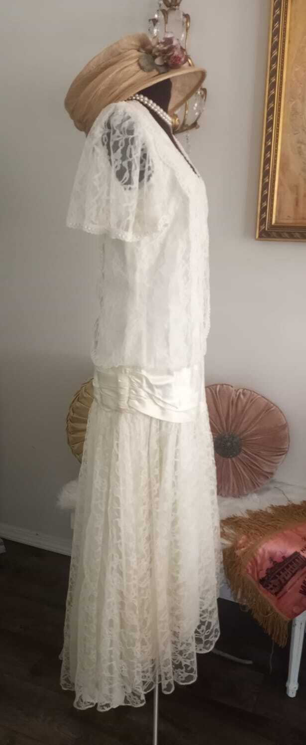 80s Does 20s Wedding Dress Lace Flutter Sleeves M-l By Bridal Originals - Image 3