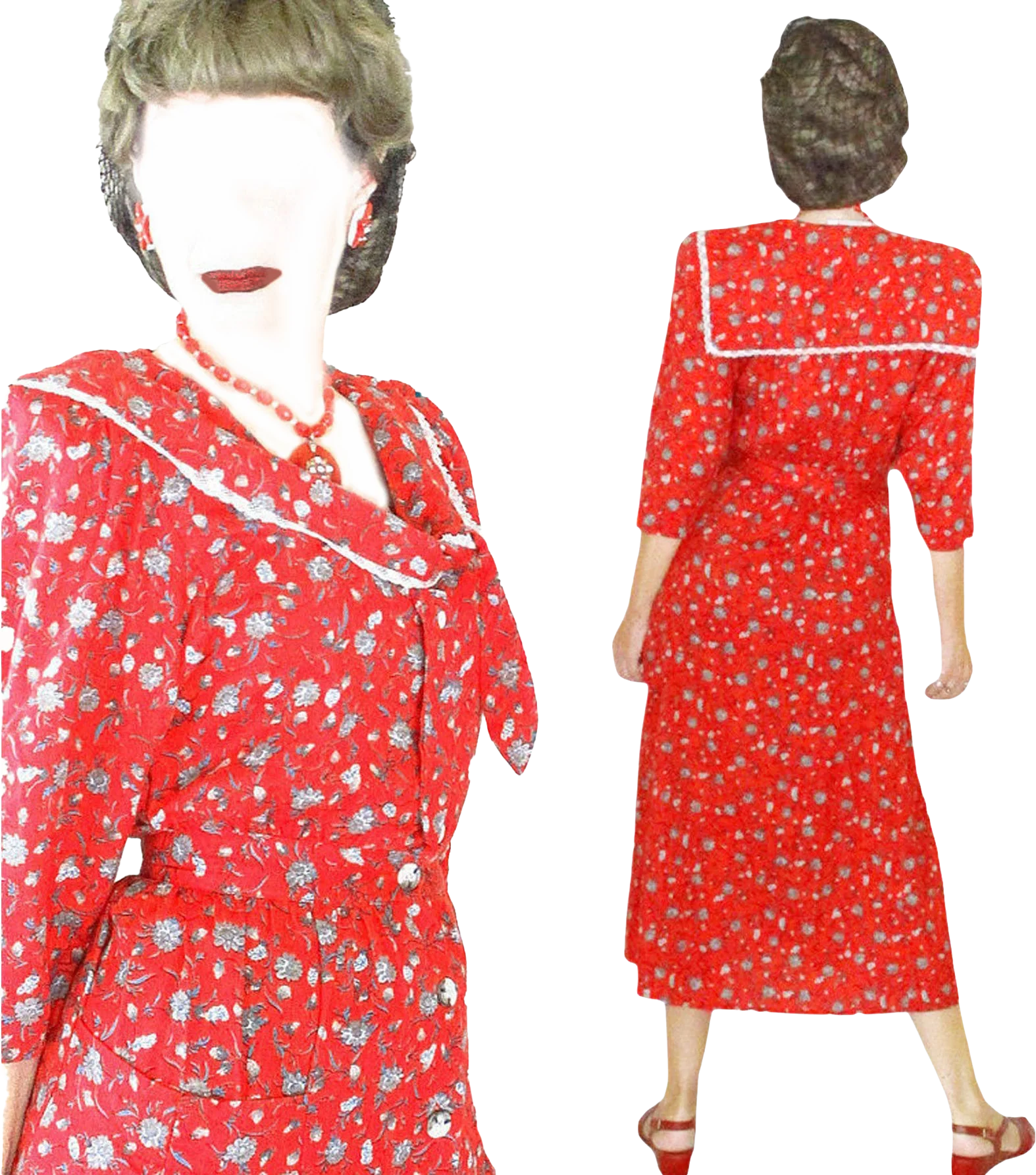 80s Does 40s Ditsy Sailor Collar Dress For Holidays By Ice Age