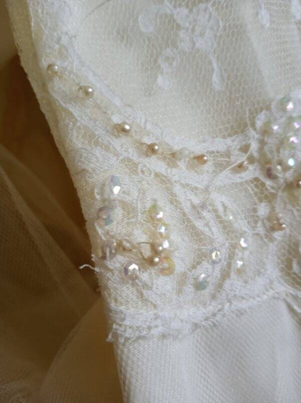 80s Does 50s Wedding Dress Full Chiffon Skirt Lace - Image 13