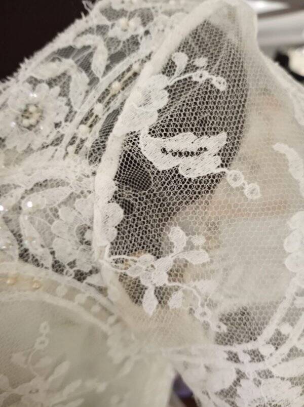 80s Does 50s Wedding Dress Full Chiffon Skirt Lace - Image 14