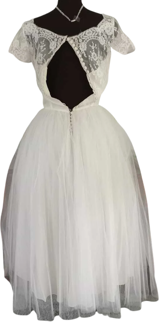 80s Does 50s Wedding Dress Full Chiffon Skirt Lace - Image 2
