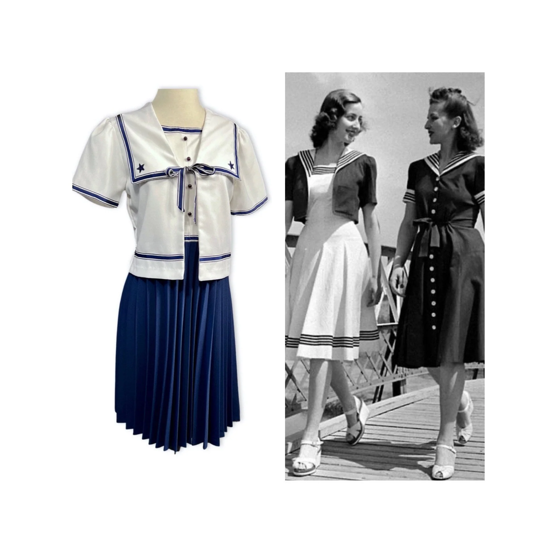 80s Does The 40s Sailor Dress 40s Style Sailor Outfit, Vintage 40s Style Navy Inspired Dress with Jacket, Retro 40s Nautical Look - Image 2