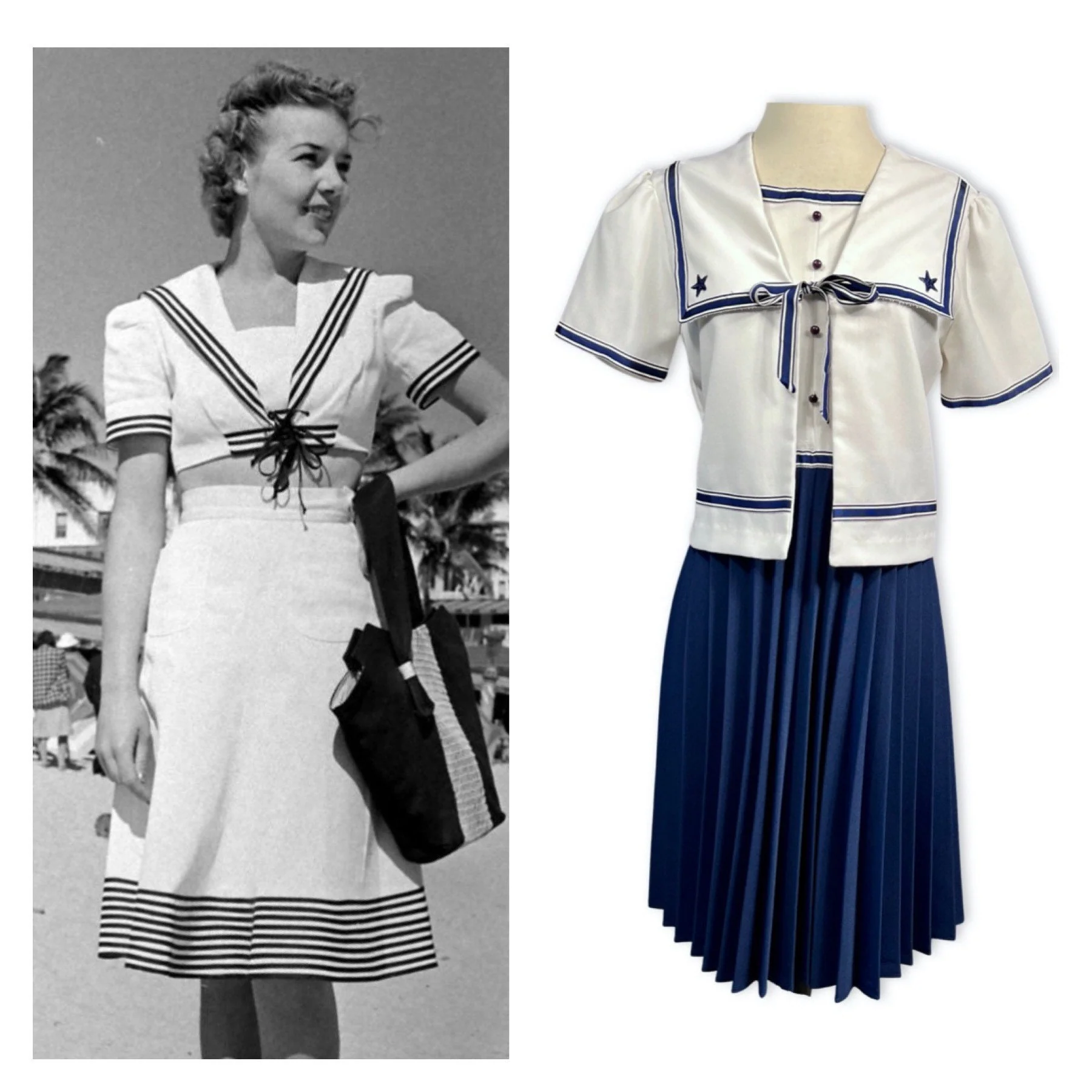 80s Does The 40s Sailor Dress 40s Style Sailor Outfit, Vintage 40s Style Navy Inspired Dress with Jacket, Retro 40s Nautical Look - Image 3
