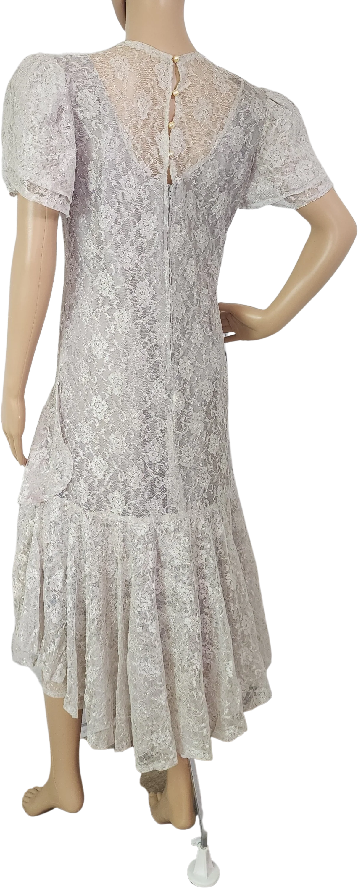 80s Dove Gray Lace Drop Waist Ruffle Hem Sleeves Dress By Simon Sez - Image 2