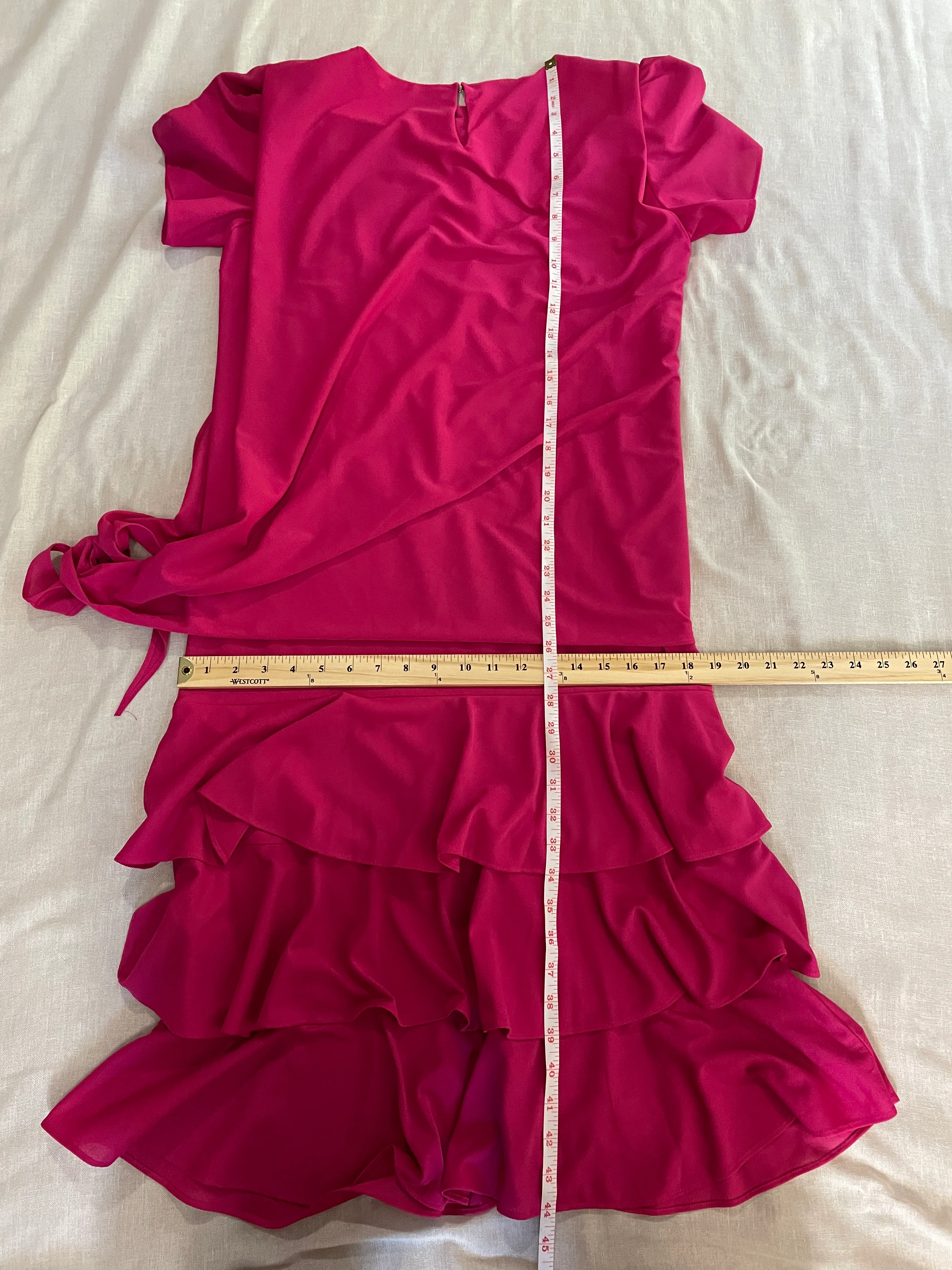 80s Dress Size 12 Pink Drop Waist Tiered Ruffle Midi - Image 15