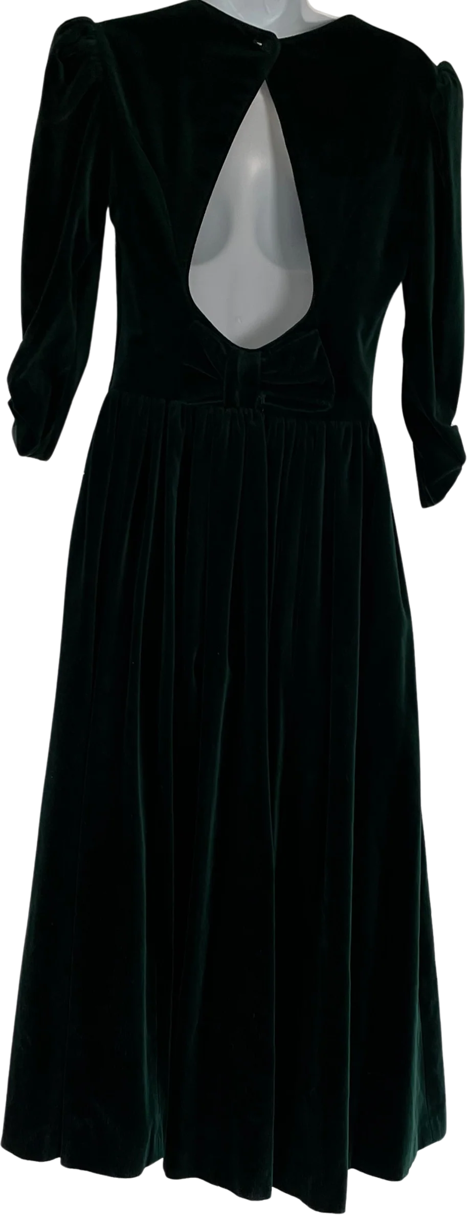80s Emerald Green Velvet Puff Sleeve Midi Dress By Laura Ashley - Image 2