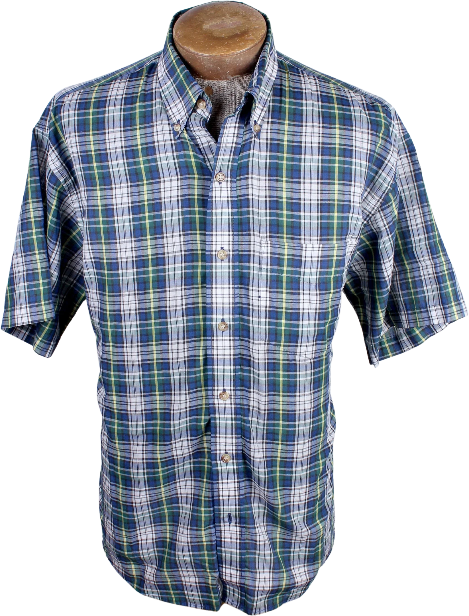 80s Era Arrow Brand Men's Plaid Check Dark Green Navy Short Sleeve Button Down Preppy Shirt Size Large by Arrow