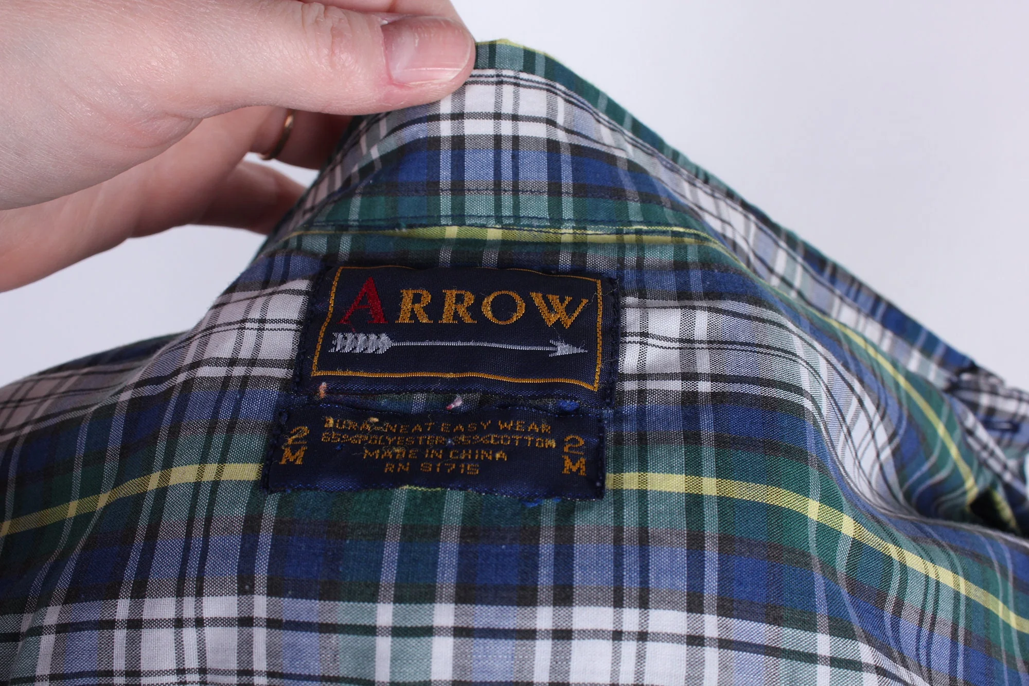 80s Era Arrow Brand Men's Plaid Check Dark Green Navy Short Sleeve Button Down Preppy Shirt Size Large by Arrow - Image 3