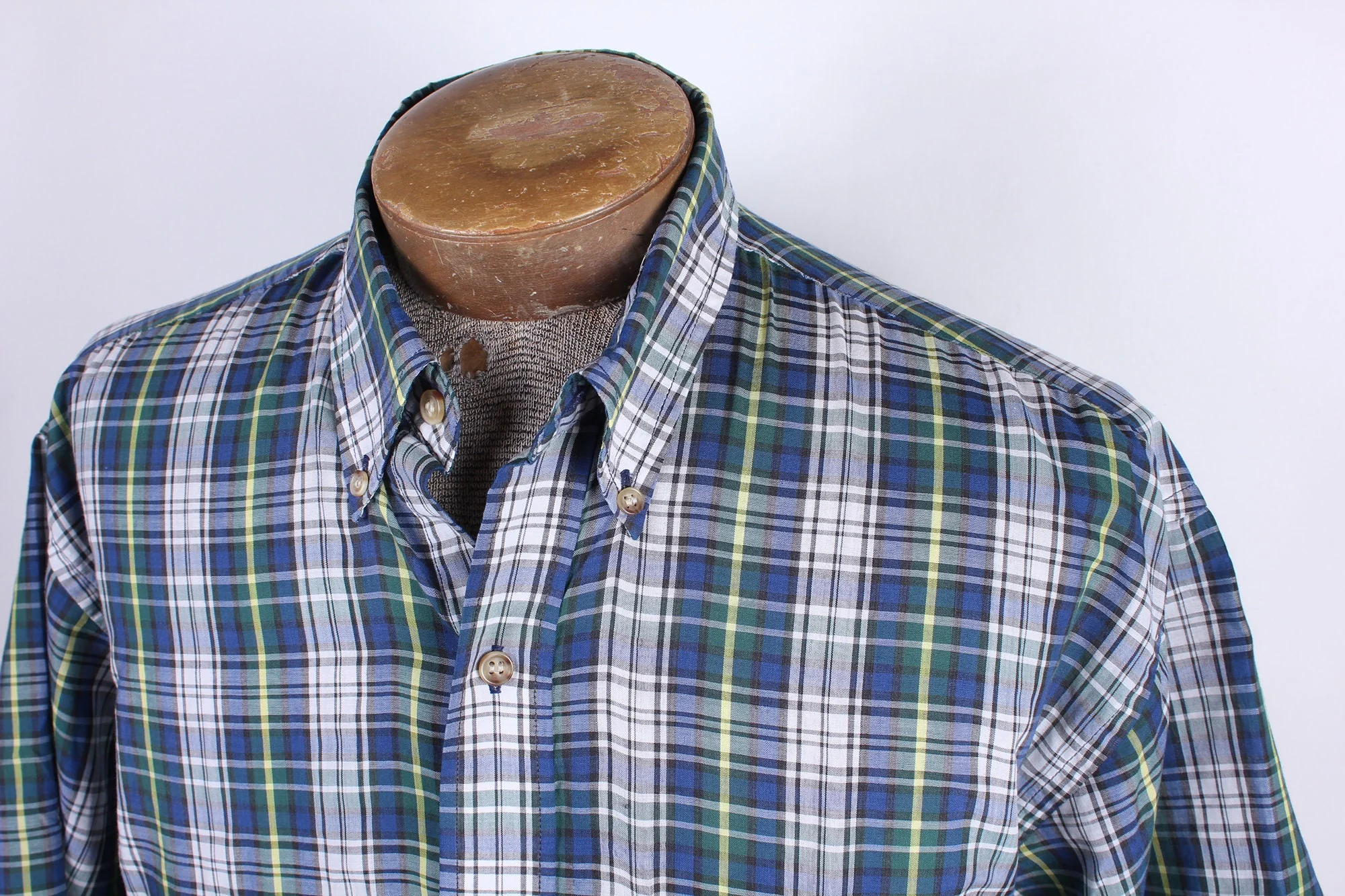 80s Era Arrow Brand Men's Plaid Check Dark Green Navy Short Sleeve Button Down Preppy Shirt Size Large by Arrow - Image 4