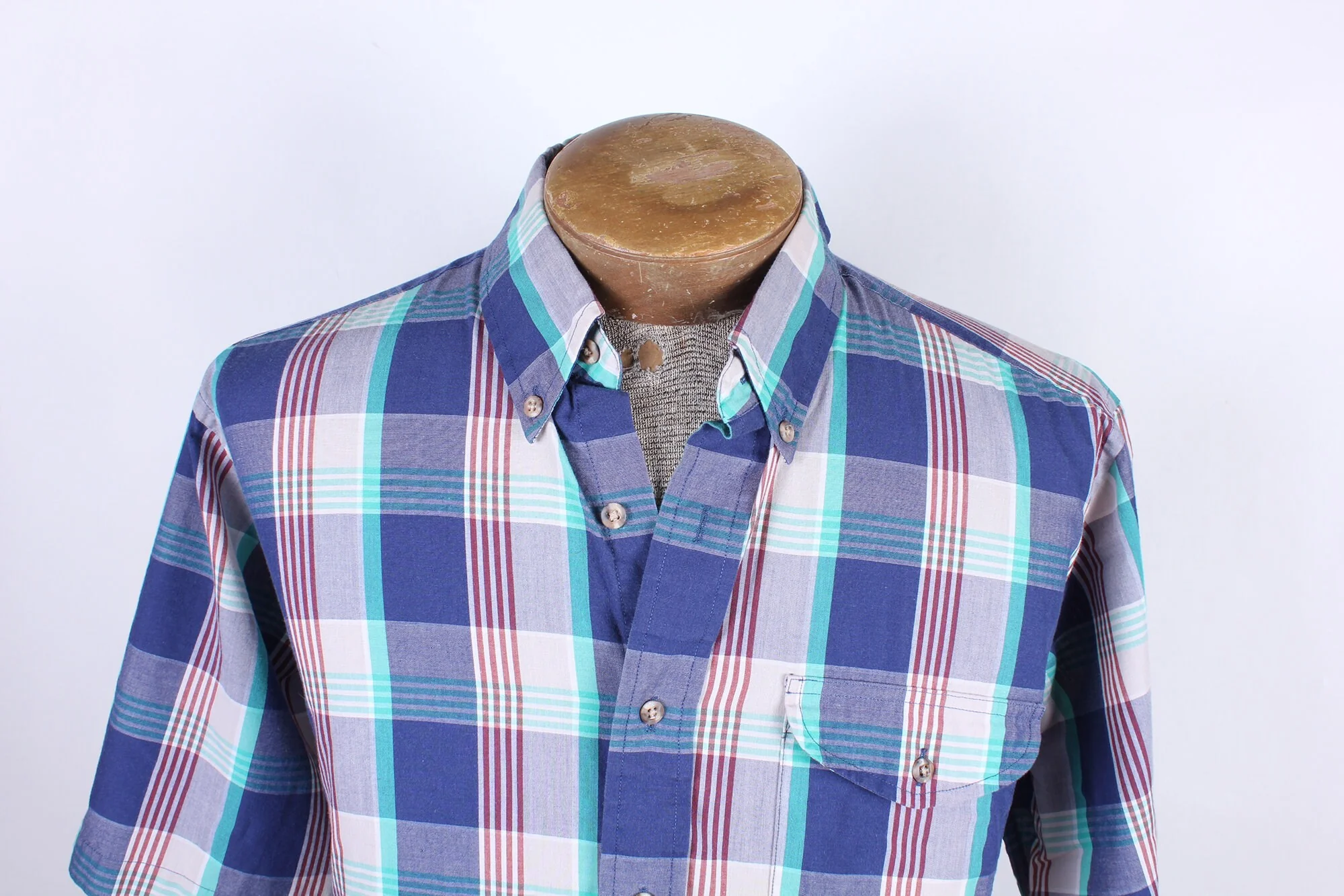 80s Era Foxx Collection Men's Plaid Check Pastel Short Sleeve Button Down Preppy Shirt Size L by Foxx Collection - Image 3