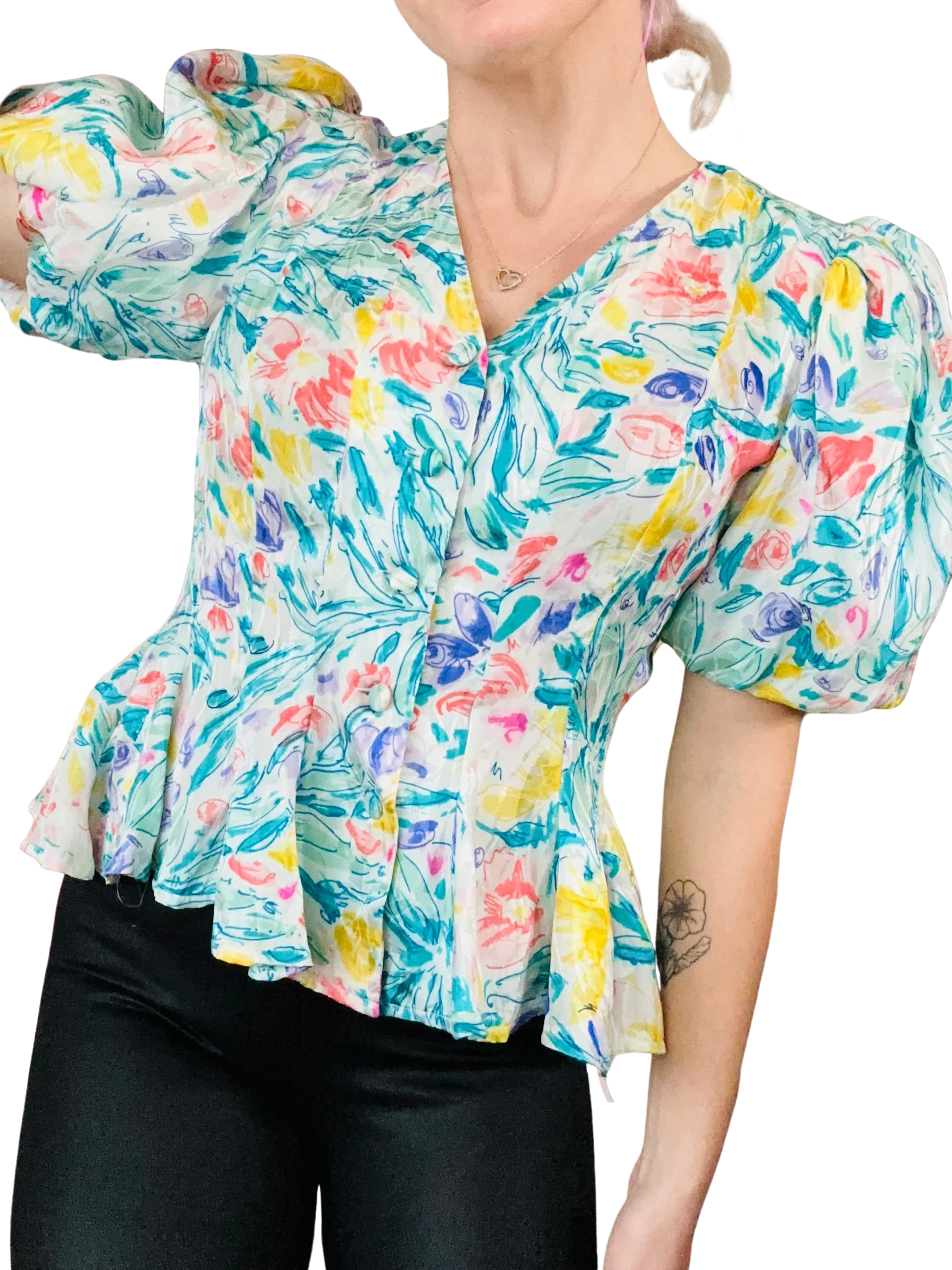 80s Exaggerated Puff Sleeve Country Chic Peplum Blouse by Lauren Alexandra